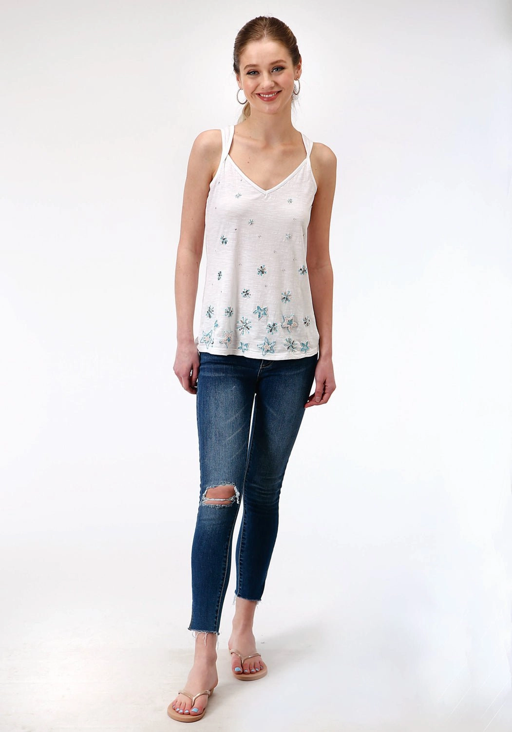 Flexible Shoulder Panels Statement Piece Roper Womens White 100% Cotton Beaded Stars S/L Tank Top