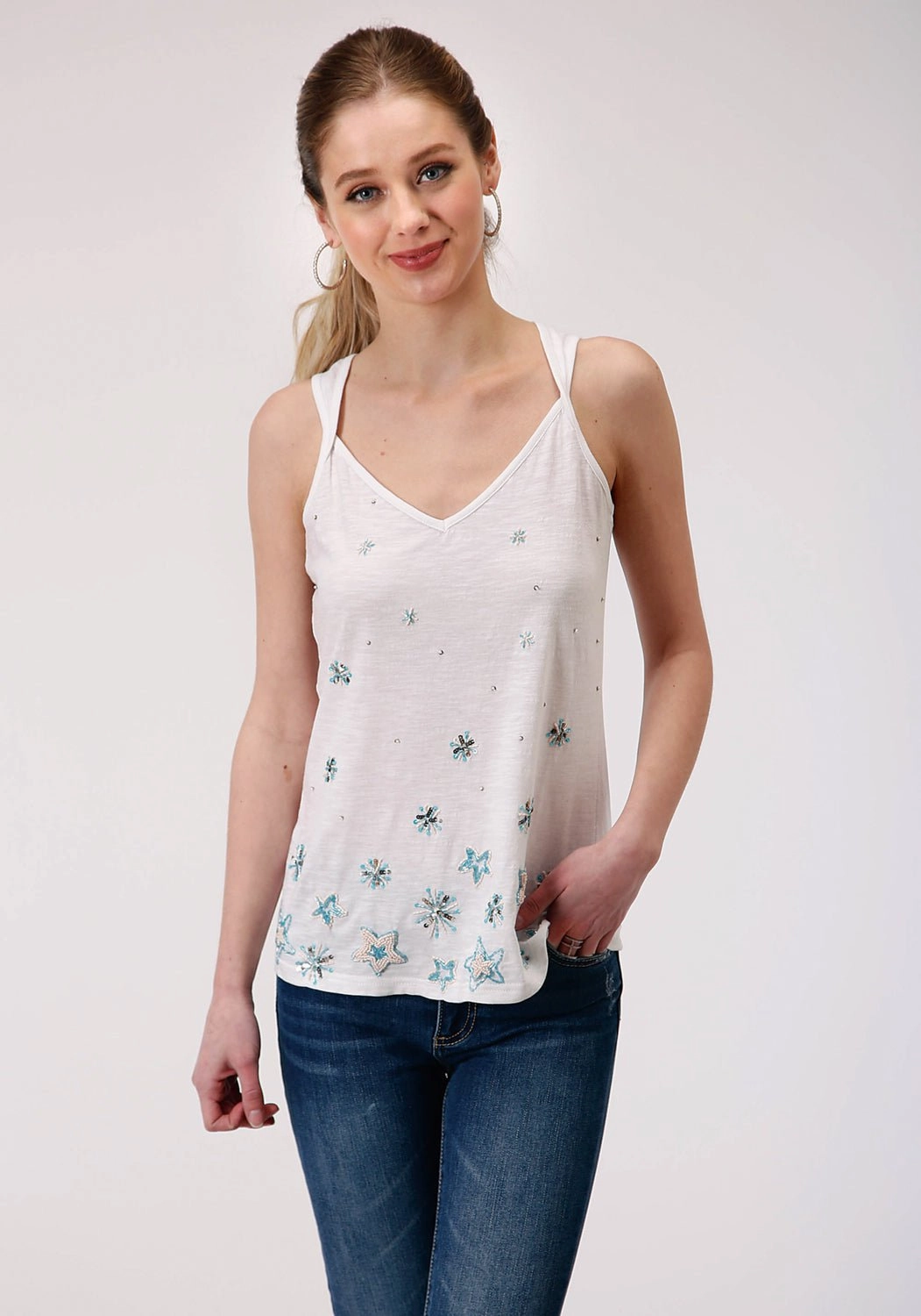 Cruise Collection Roper Womens White 100% Cotton Beaded Stars S/L Tank Top
