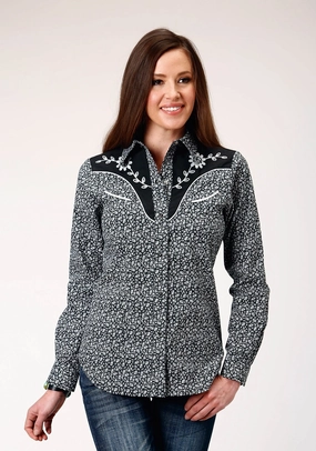 Nautical Look Wrinkle Resistant Material Roper Womens White Floral Black Cotton Blend L/S Shirt