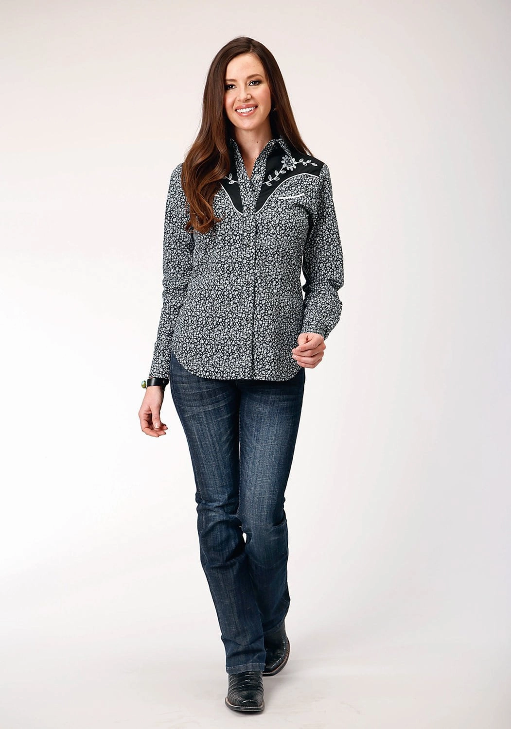 Chic Look Roper Womens White Floral Black Cotton Blend L/S Shirt