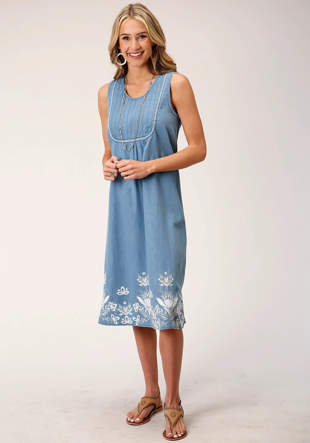 Roper Womens White Floral Tank Blue 100% Cotton S/L Dress MoistureWicking Texture Neat Look