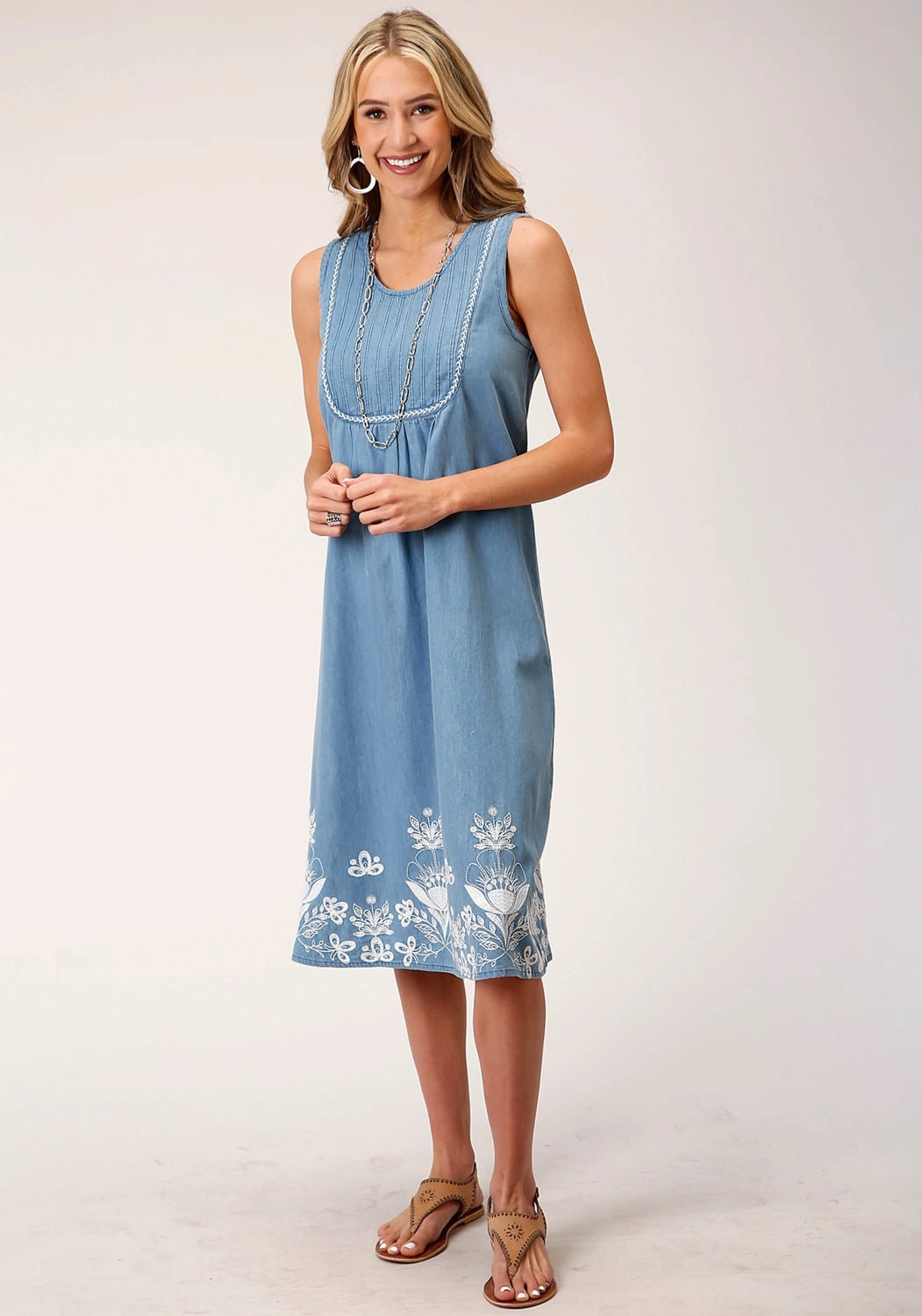 Roper Womens White Floral Tank Blue 100% Cotton S/L Dress Trend Fit Sophisticated Cut