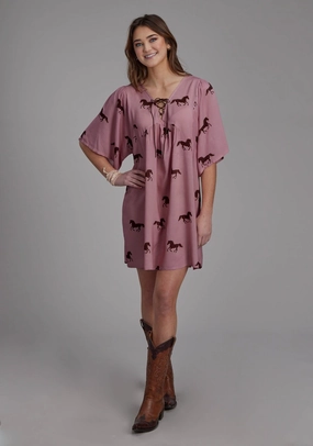 Cotton-Blend Roper Womens Wild Horses Pink 100% Rayon S/S Dress