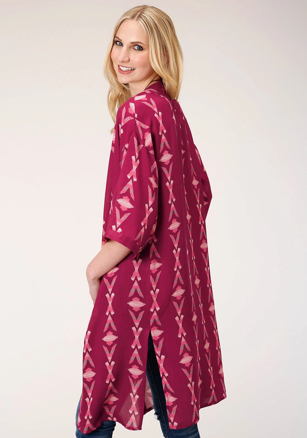 MultiPocketLayout Neutral Look Roper Womens Wine Rayon/Nylon Aztec Print Kimono Cardigan