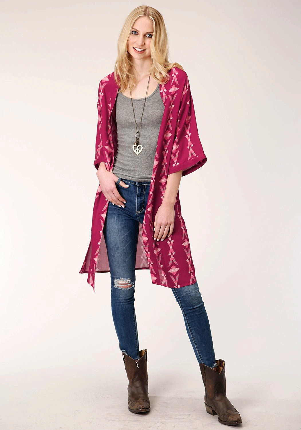 Ultimate Layering Ultimate Knitwear Roper Womens Wine Rayon/Nylon Aztec Print Kimono Cardigan