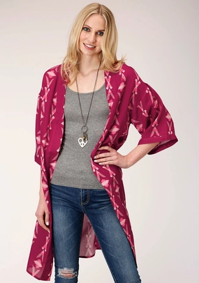 Roper Womens Wine Rayon/Nylon Aztec Print Kimono Cardigan Multi Layer Option