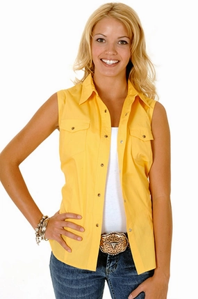 checkered pattern Tailored Fit Roper Womens Yellow 100% Cotton Sleeveless Solid Poplin Snap Western Shirt