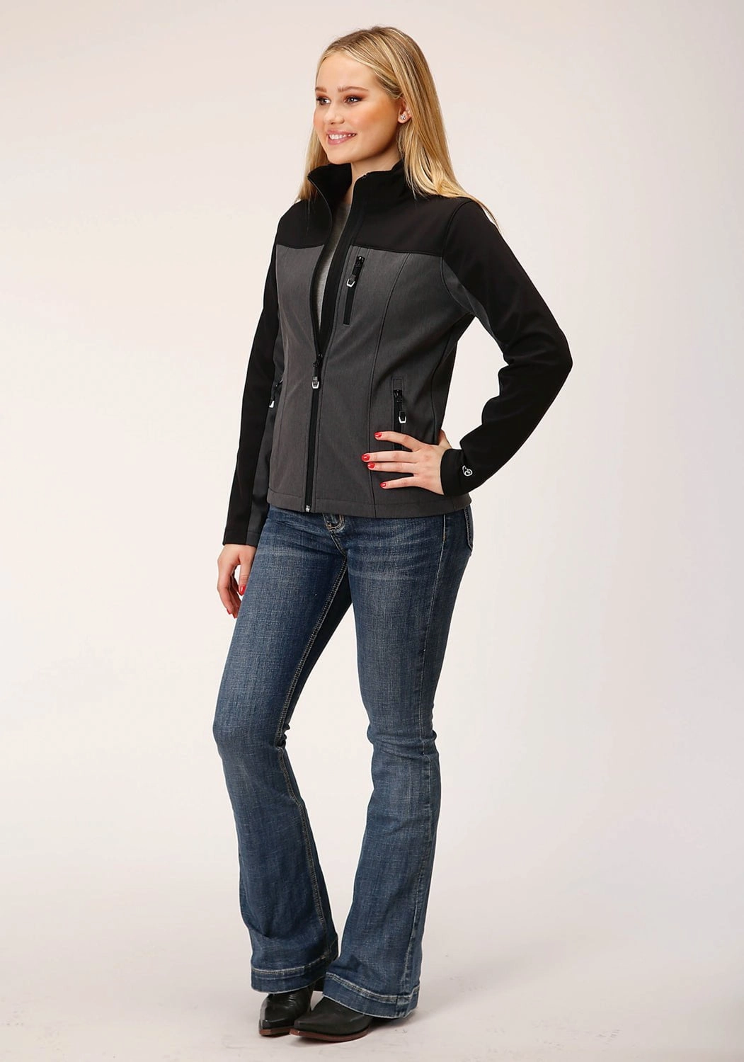 Button Closure Roper Womens Zip Grey/Black Polyester Softshell Jacket