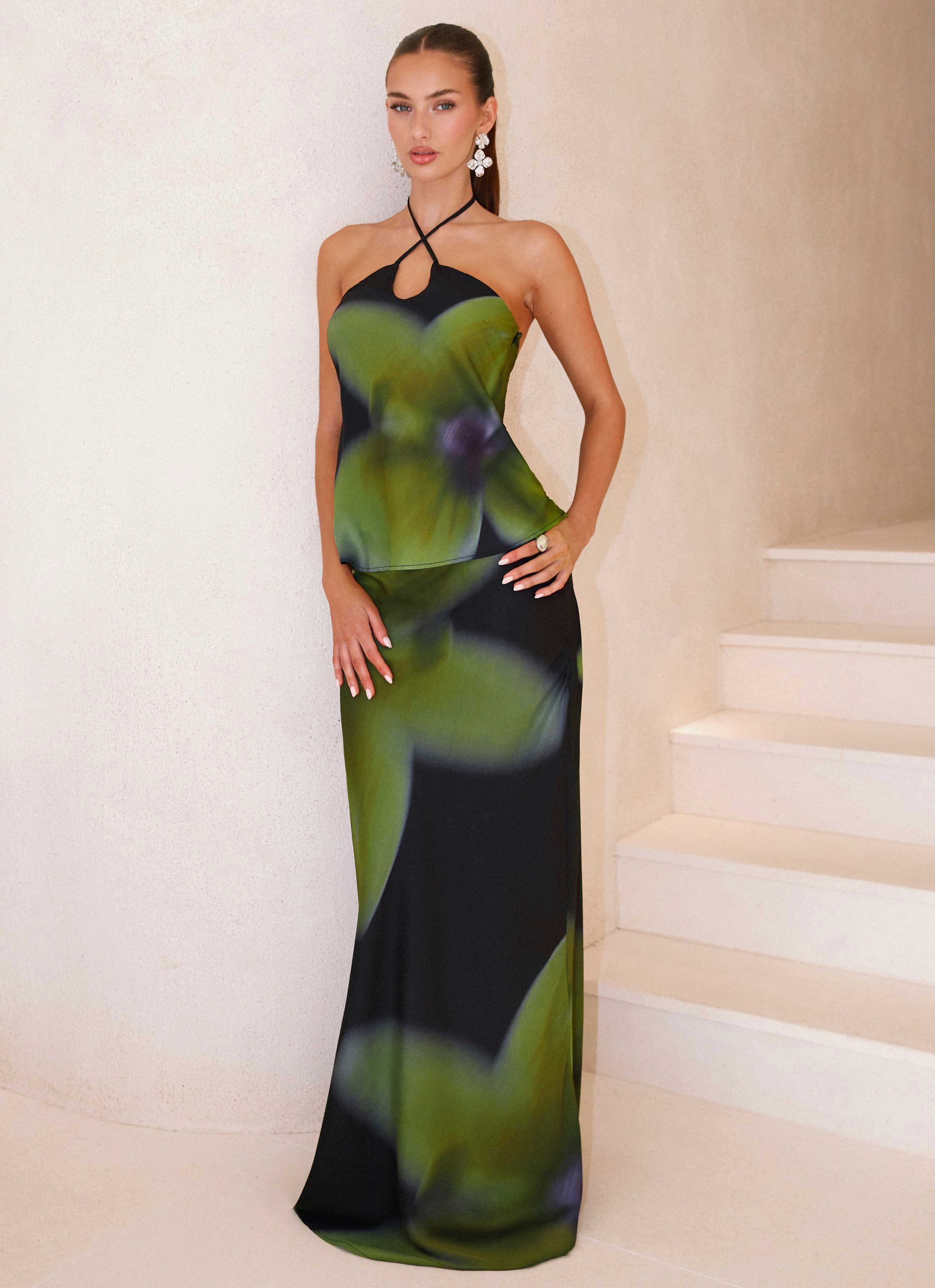 Rosetta Maxi Skirt - Lime Flower Hand Painted