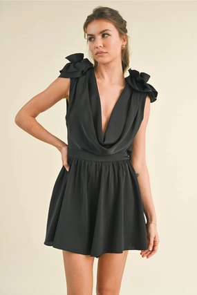 ElasticWaist clean design Rosette Cowl Neck Romper - Black