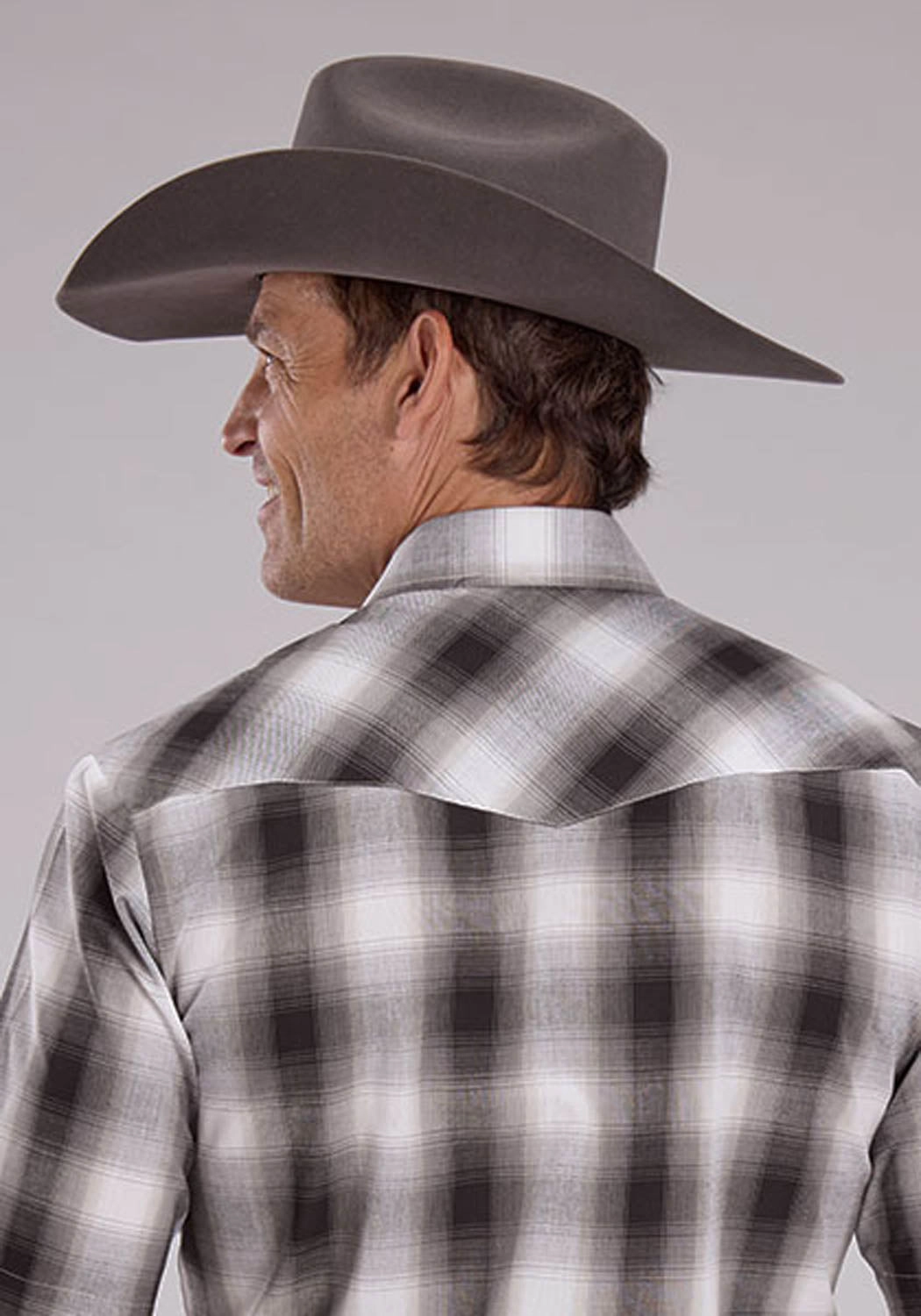 Roper Mens 2486 Western Plaid Grey/White Cotton Blend S/S Shirt Short Sleeve