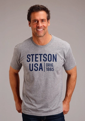 Stetson Mens Grey Cotton Blend Blue 1865 S/S T-Shirt All Day Comfort Tech Streamlined Design