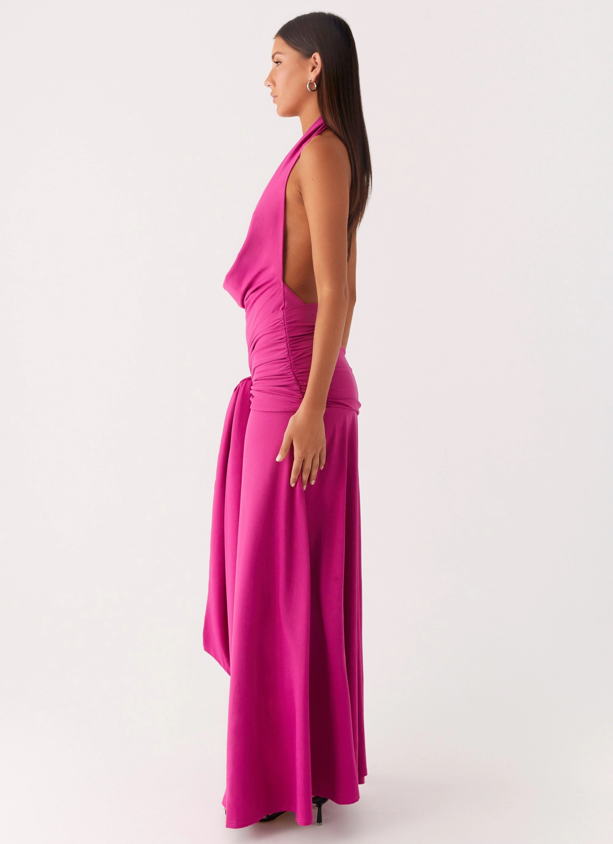 Warm and Cozy Jacket Outerwear Staple Rowan Ray Cowl Maxi Dress - Fuchsia