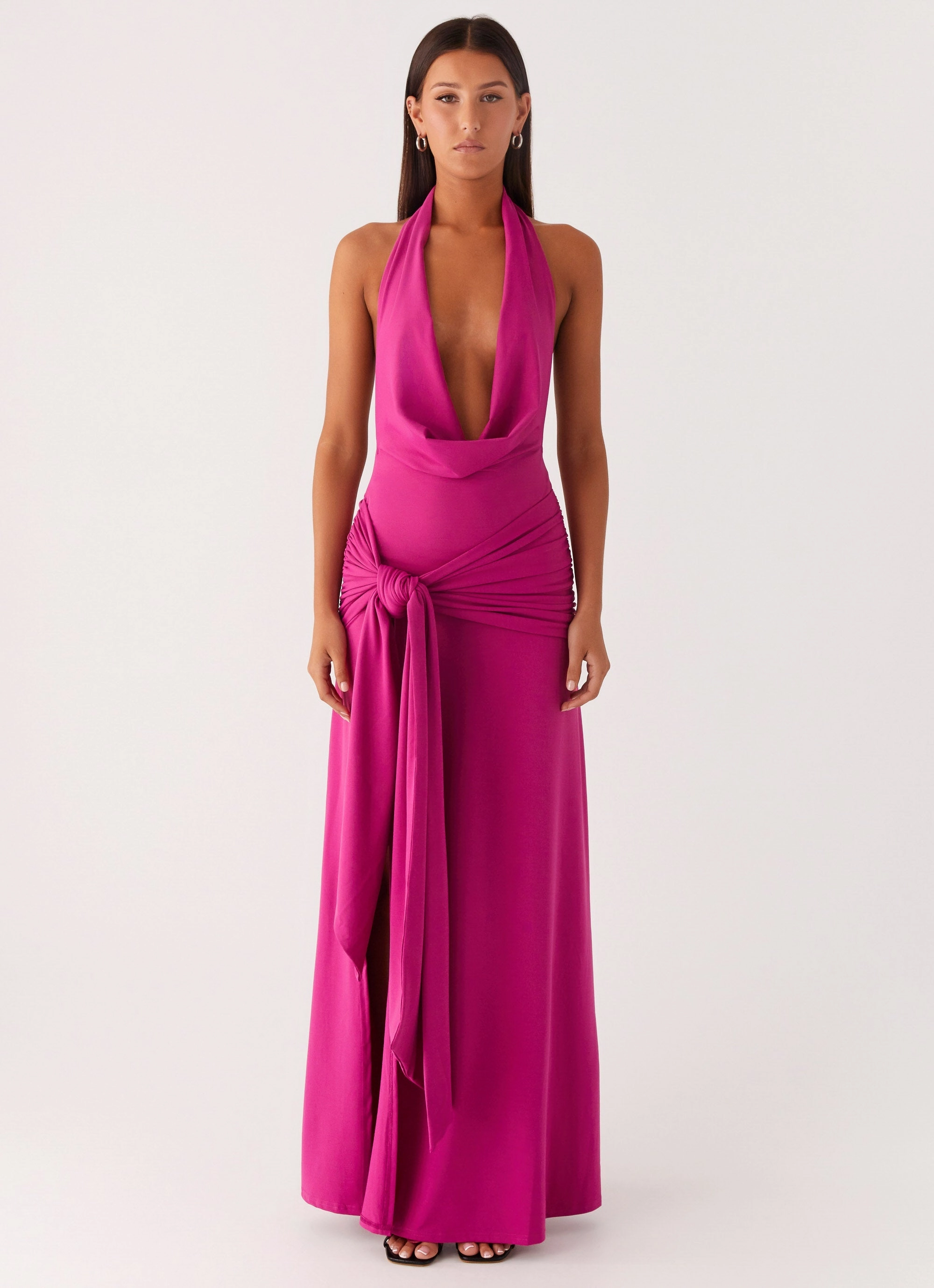 Slim Tailored Contrast Stitch Rowan Ray Cowl Maxi Dress - Fuchsia