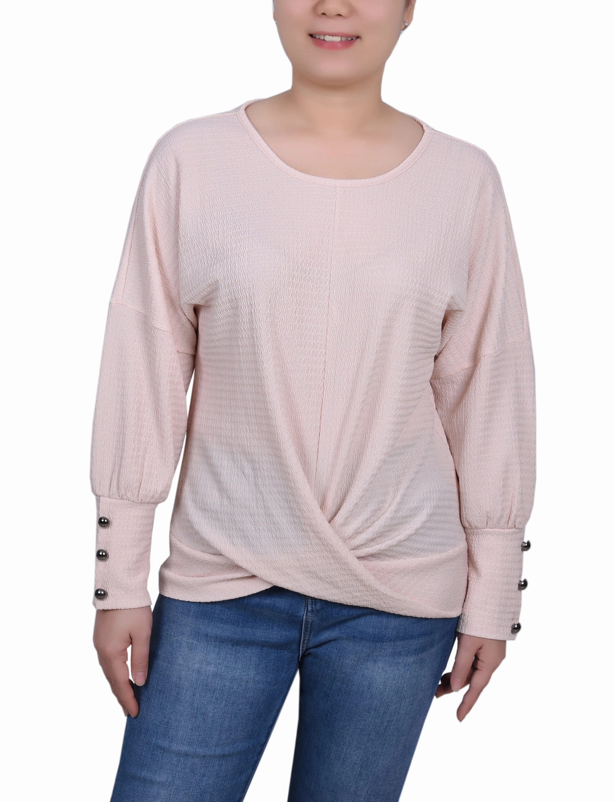 Petite Long Sleeve Textured Knit Top Bonded Seam Technology FrictionResistant Edges