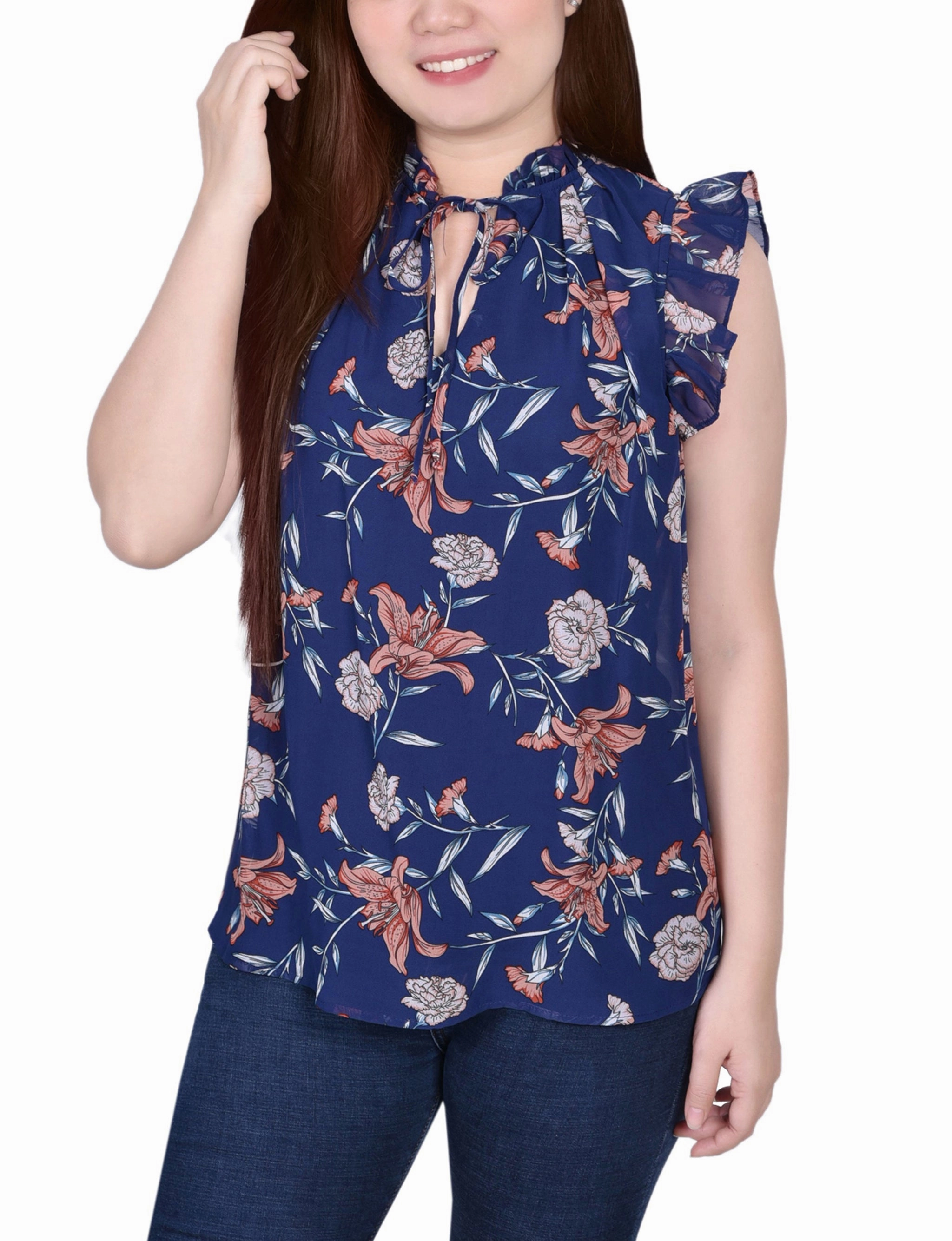 TwillWeave Ruffled Sleeve Blouse With Tie Closure