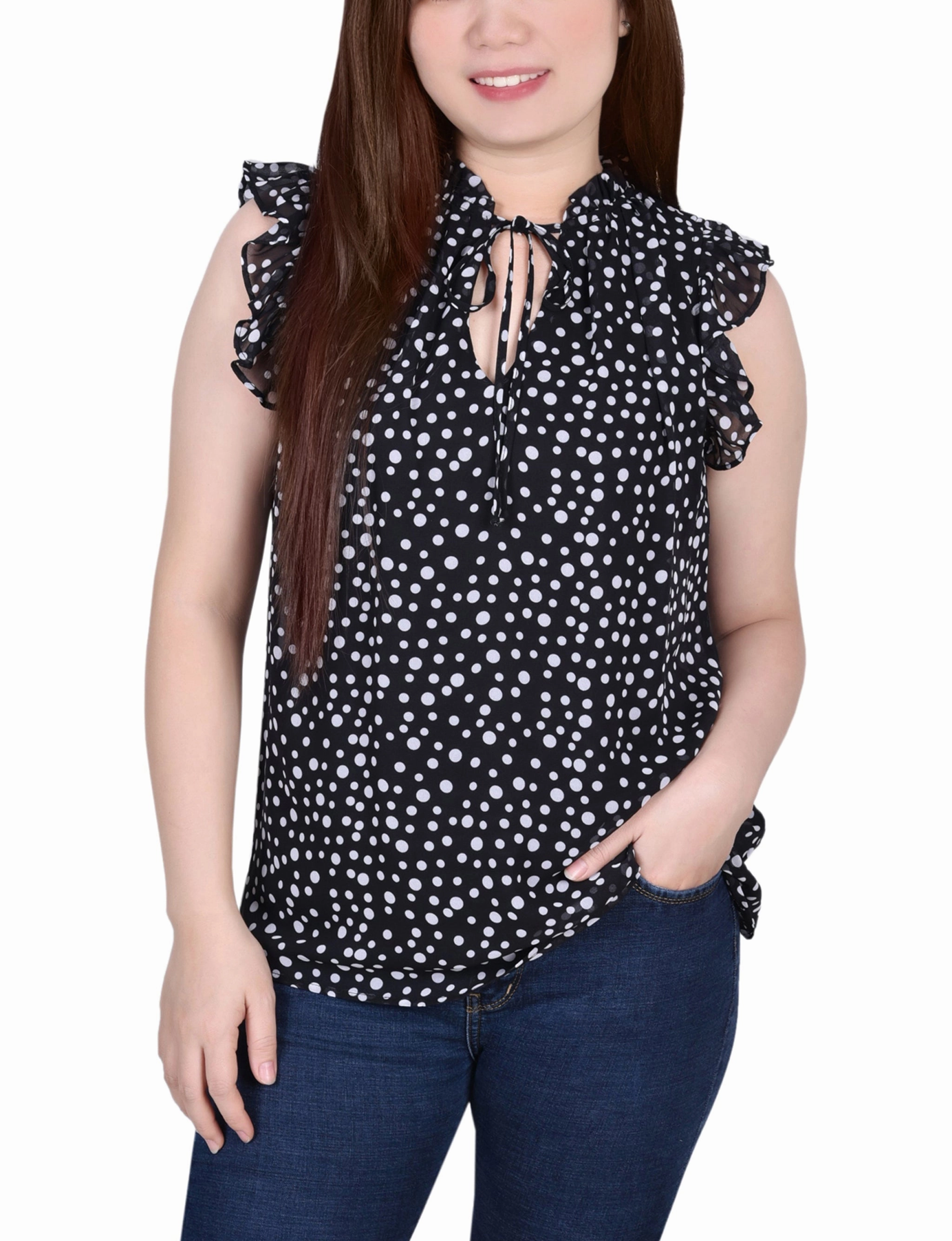 Ruffled Sleeve Blouse With Tie Closure Soft touch finish Ribbed Knit Fabric