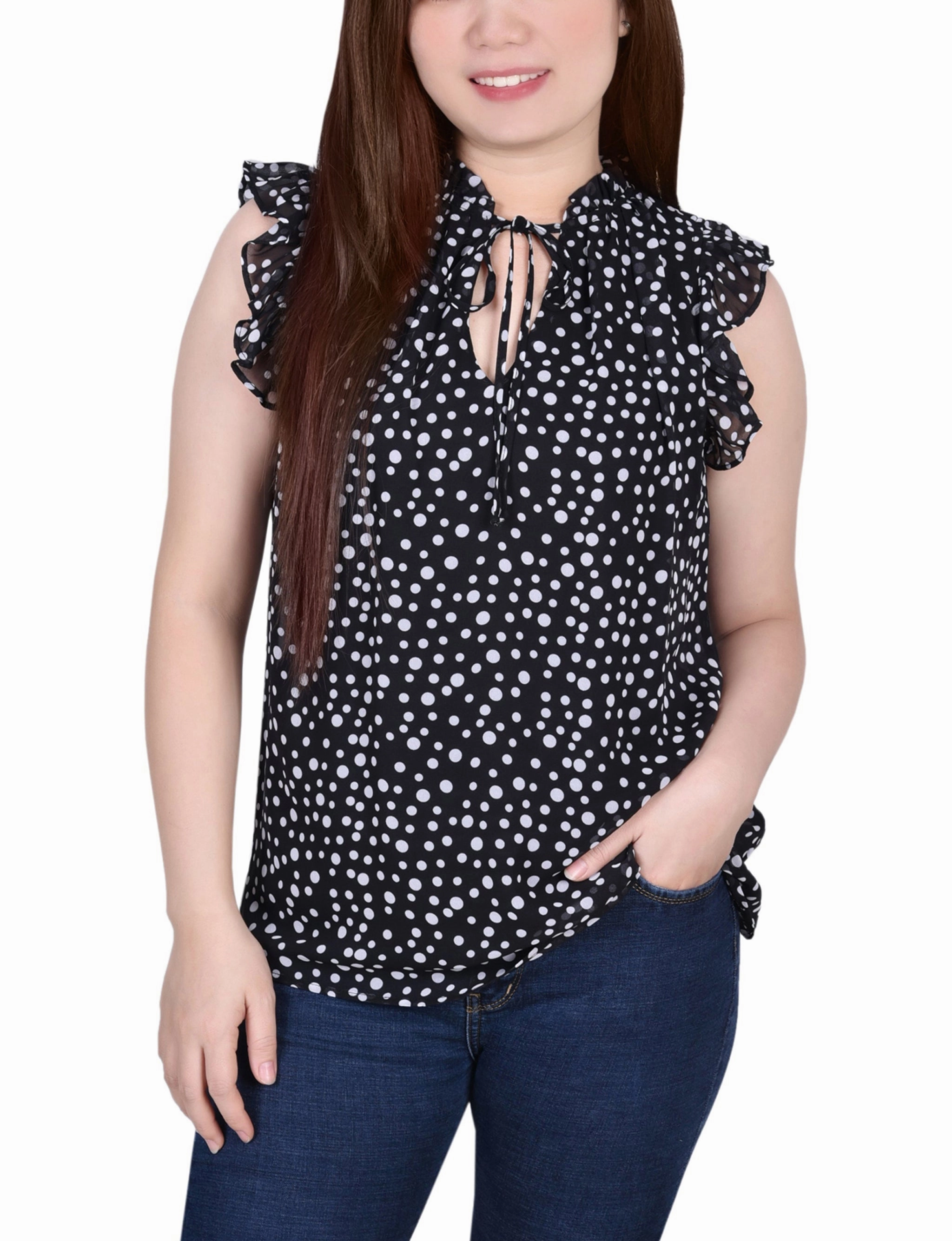 Contrast Stitching Ruffled Sleeve Blouse With Tie Closure