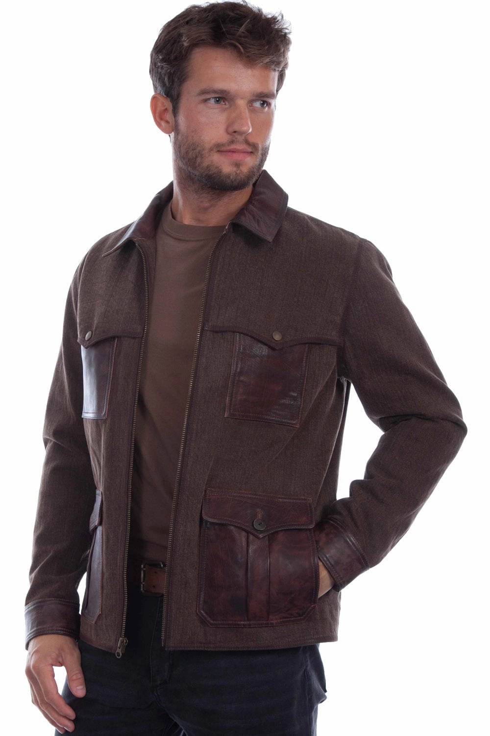 Scully Mens Vintaged Yoke Brown Leather Leather Jacket FlexibleCuffSystem Daily Wear Jacket