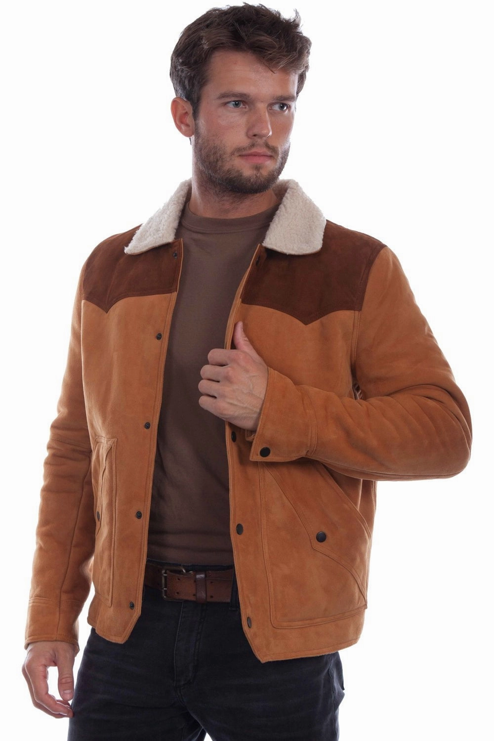 Rugged Daily Style Scully Mens Faux Shearling Tan Leather Leather Jacket