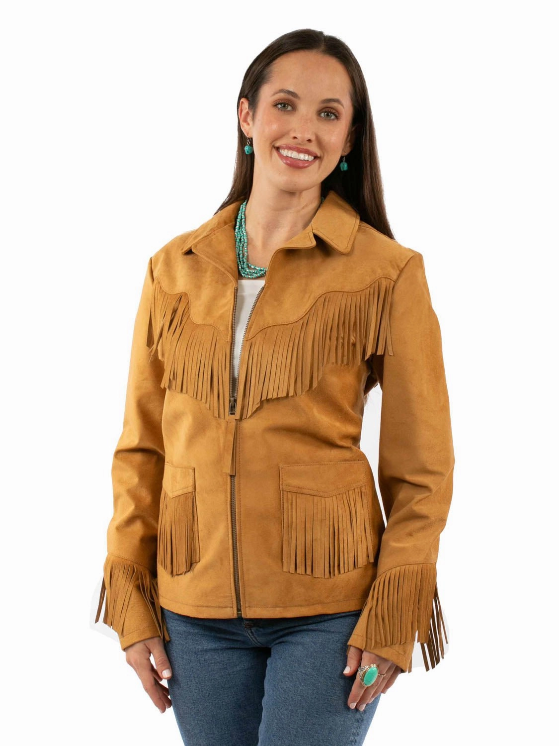 Scully Womens Central Flower Fringe Tan Leather Leather Jacket Compression Fold Design Elastic Binding