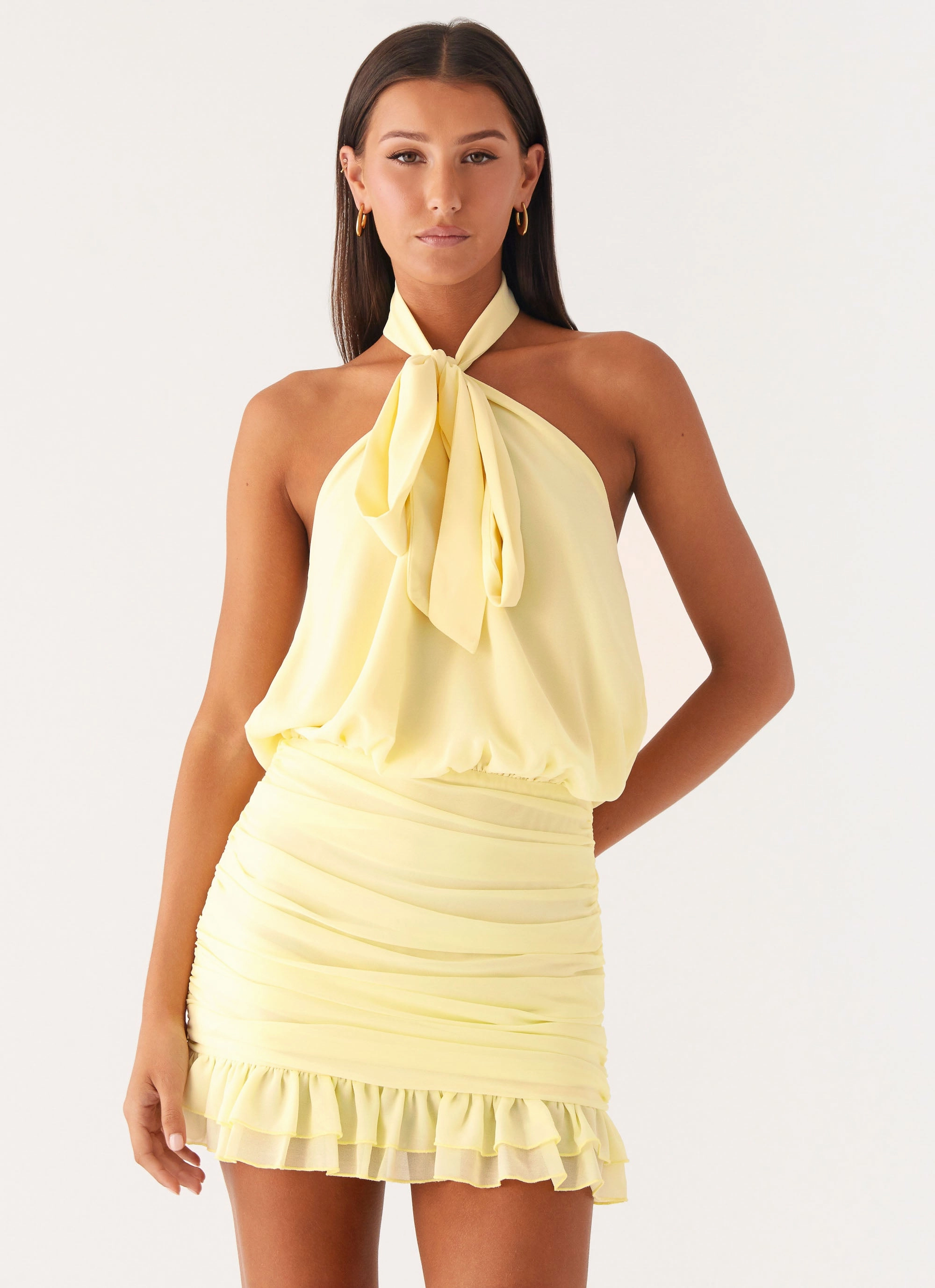 Functional Pocket Saebi Tie Neck Mini Dress - Lemon
