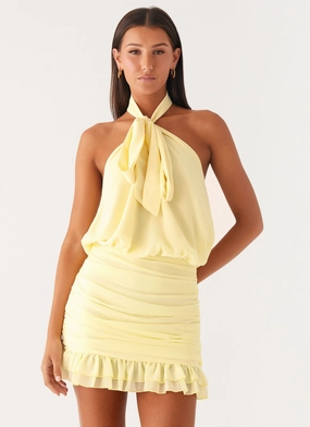 Functional Pocket Saebi Tie Neck Mini Dress - Lemon