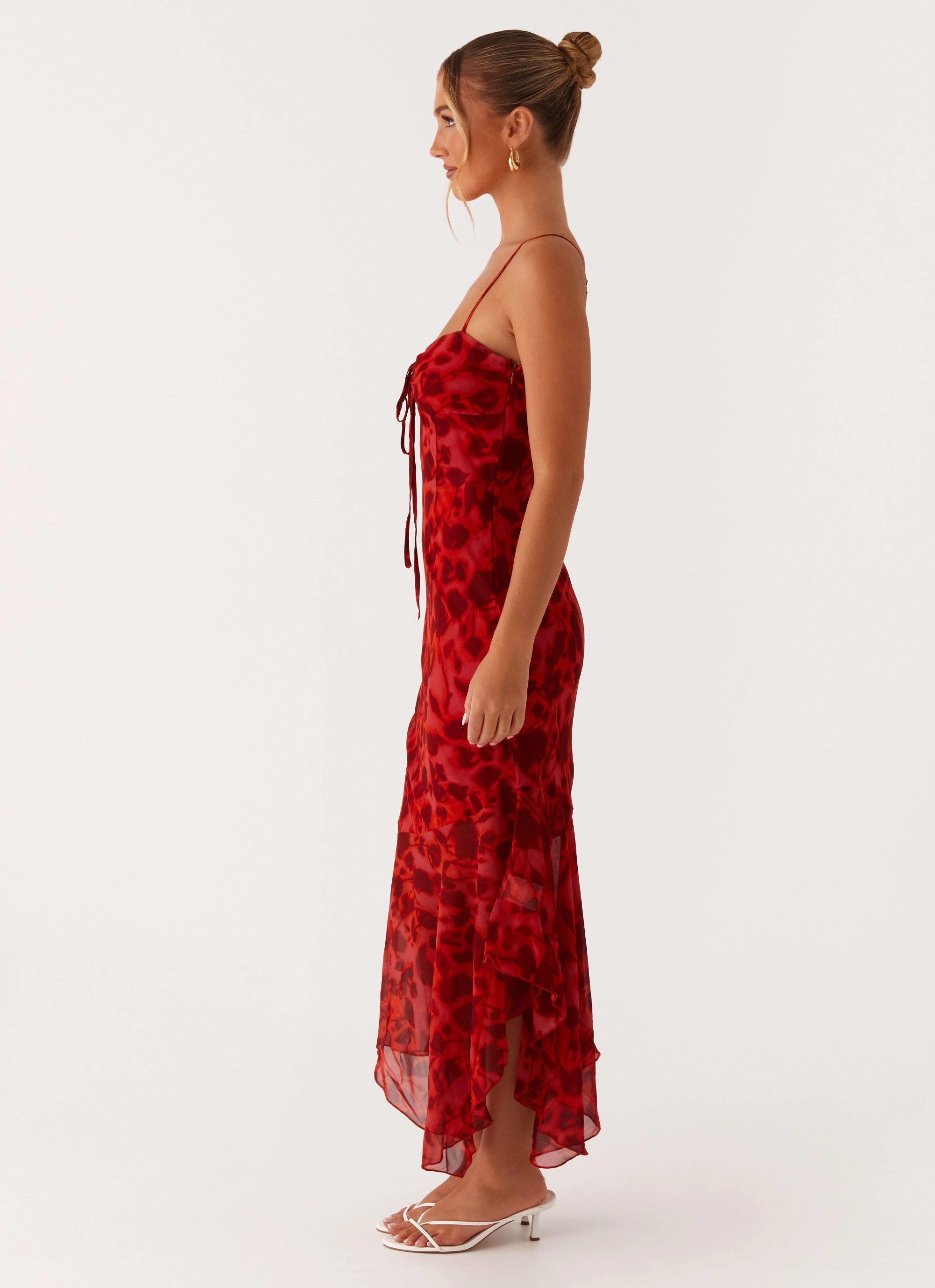Gloss Finish Sally Midi Dress - Deep Red Floral