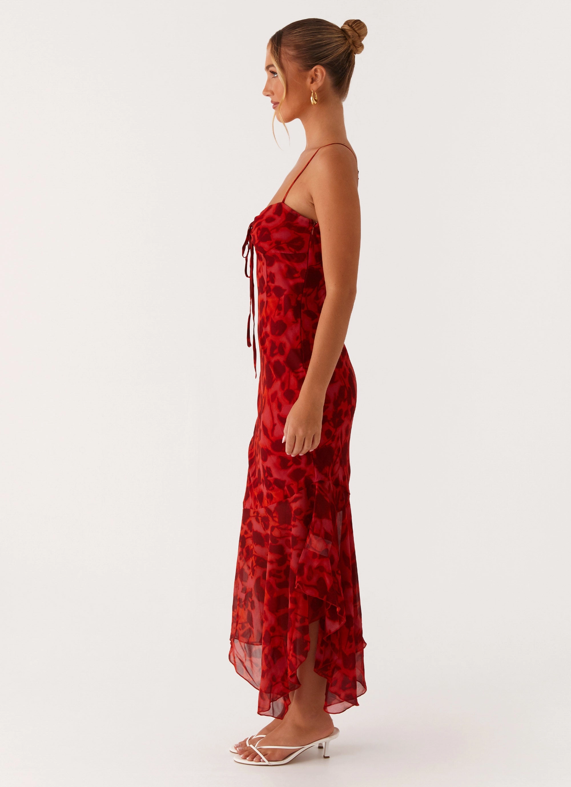Waterproof Fabric Contrast Stitch Sally Midi Dress - Deep Red Floral