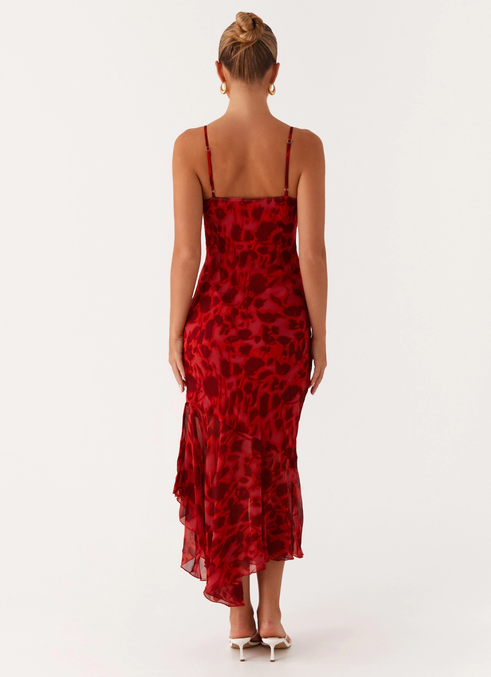 Sally Midi Dress - Deep Red Floral Embroidered Fabric Simple Touch