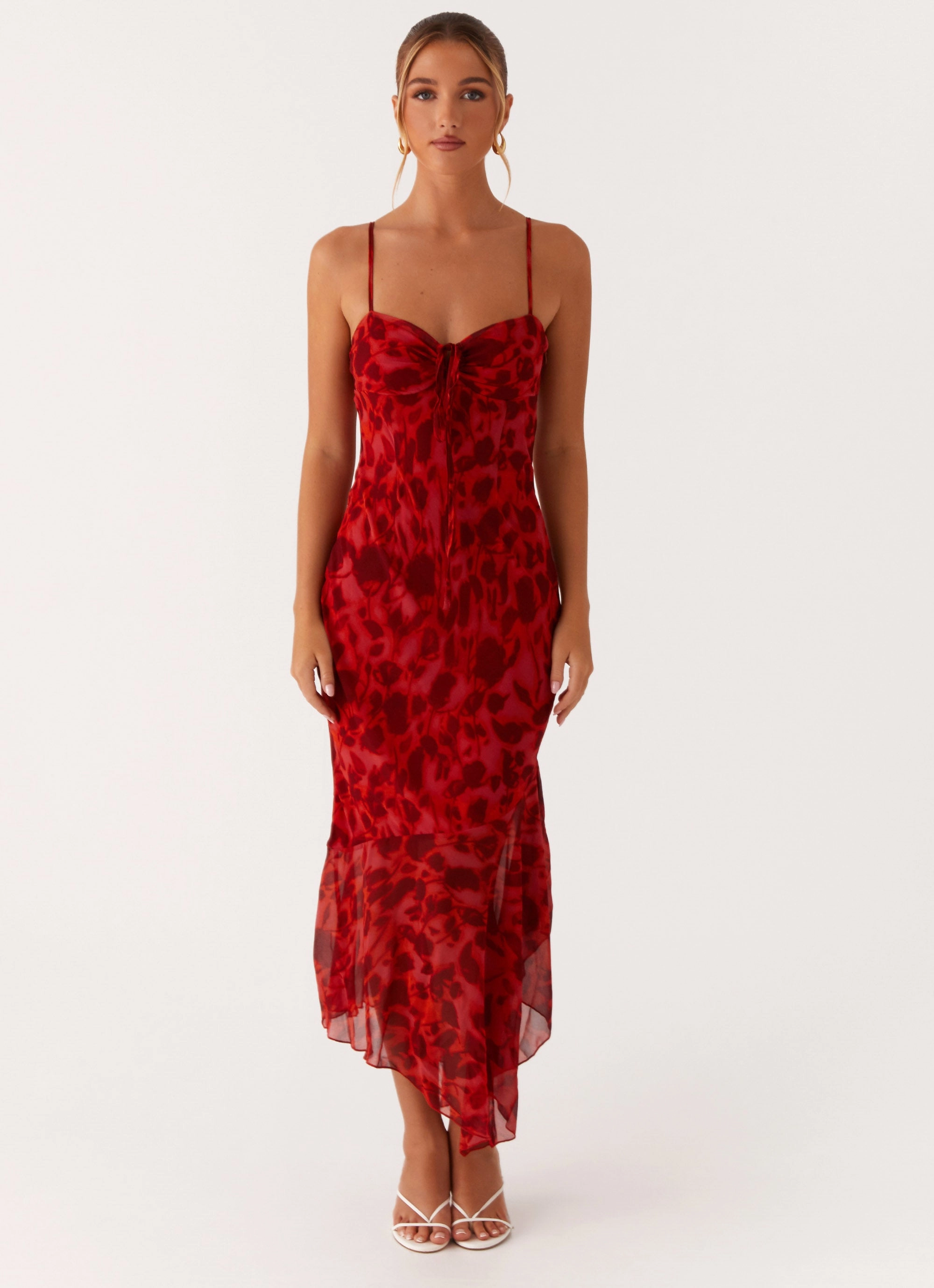 Sally Midi Dress - Deep Red Floral Wide Hemline All Occasion