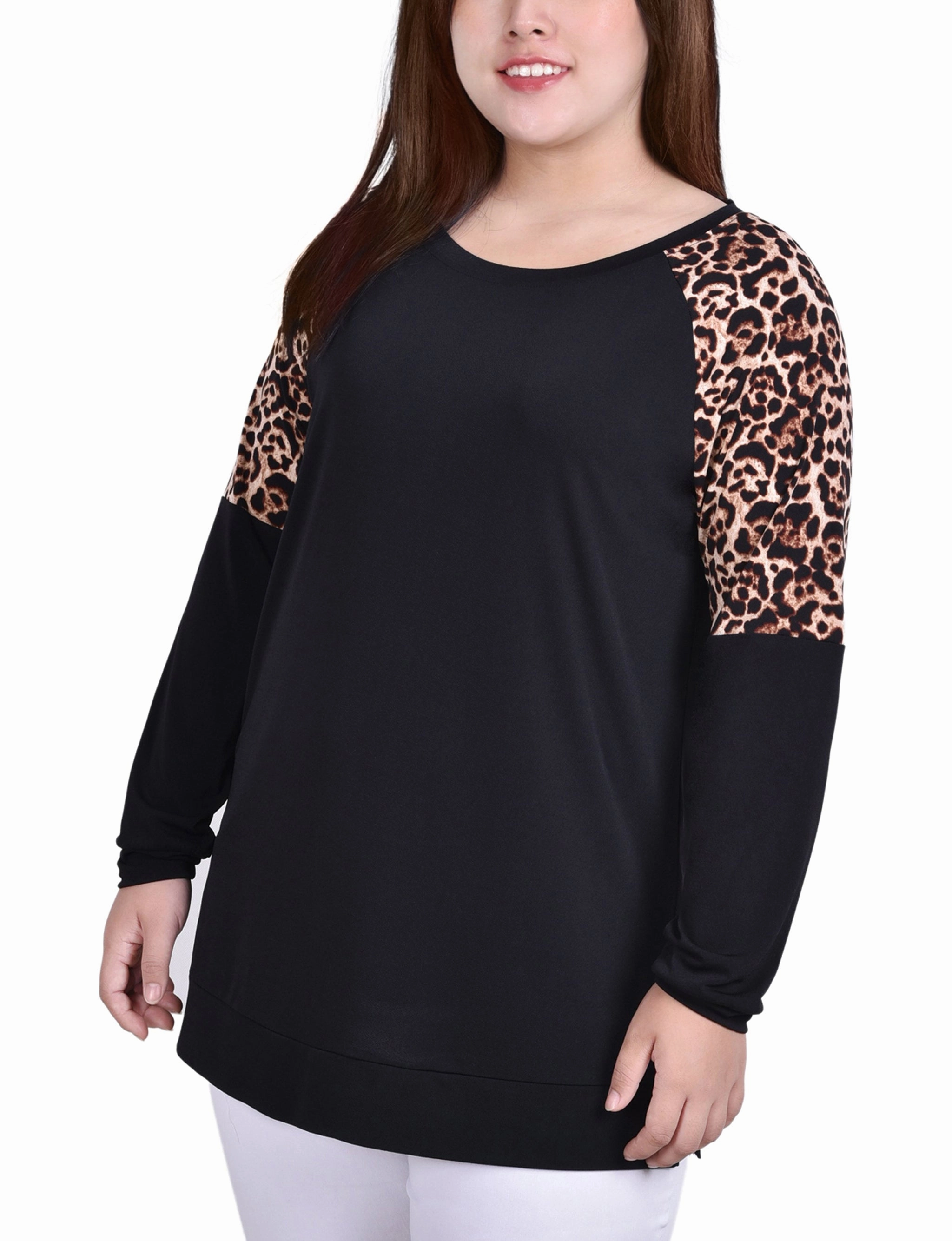 Plus Size Long Raglan Sleeve Top With Animal Print Insets Workout Apparel