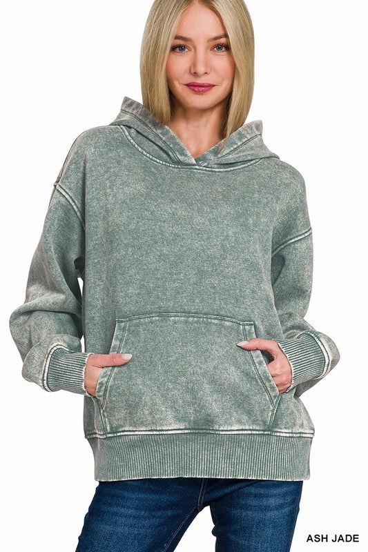 SelfFabric Binding FlexibleElasticatedEdging Sandra Fleece Acid Wash Kangaroo Pocket Hoodie