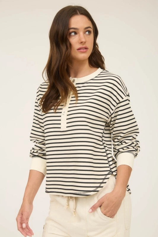 Sarah Stripe Henley Snap Button Long Sleeve Knit Top Breathable mesh panel