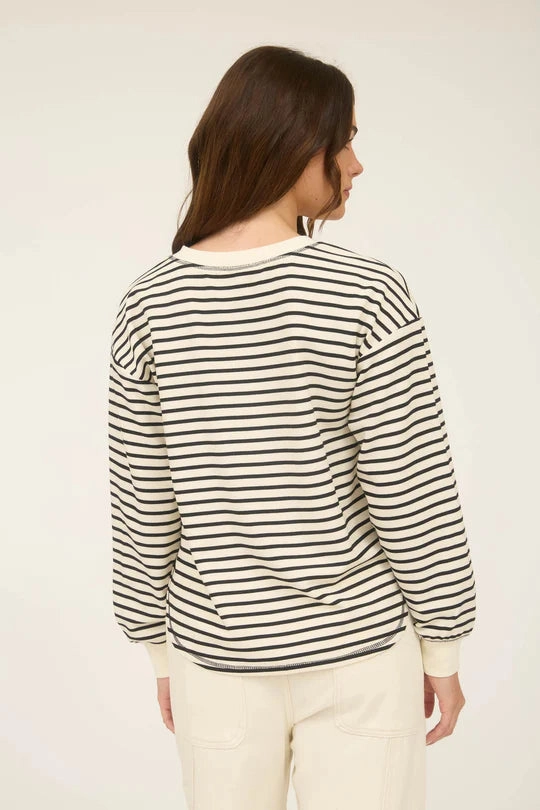 Non Iron Fabric Sarah Stripe Henley Snap Button Long Sleeve Knit Top