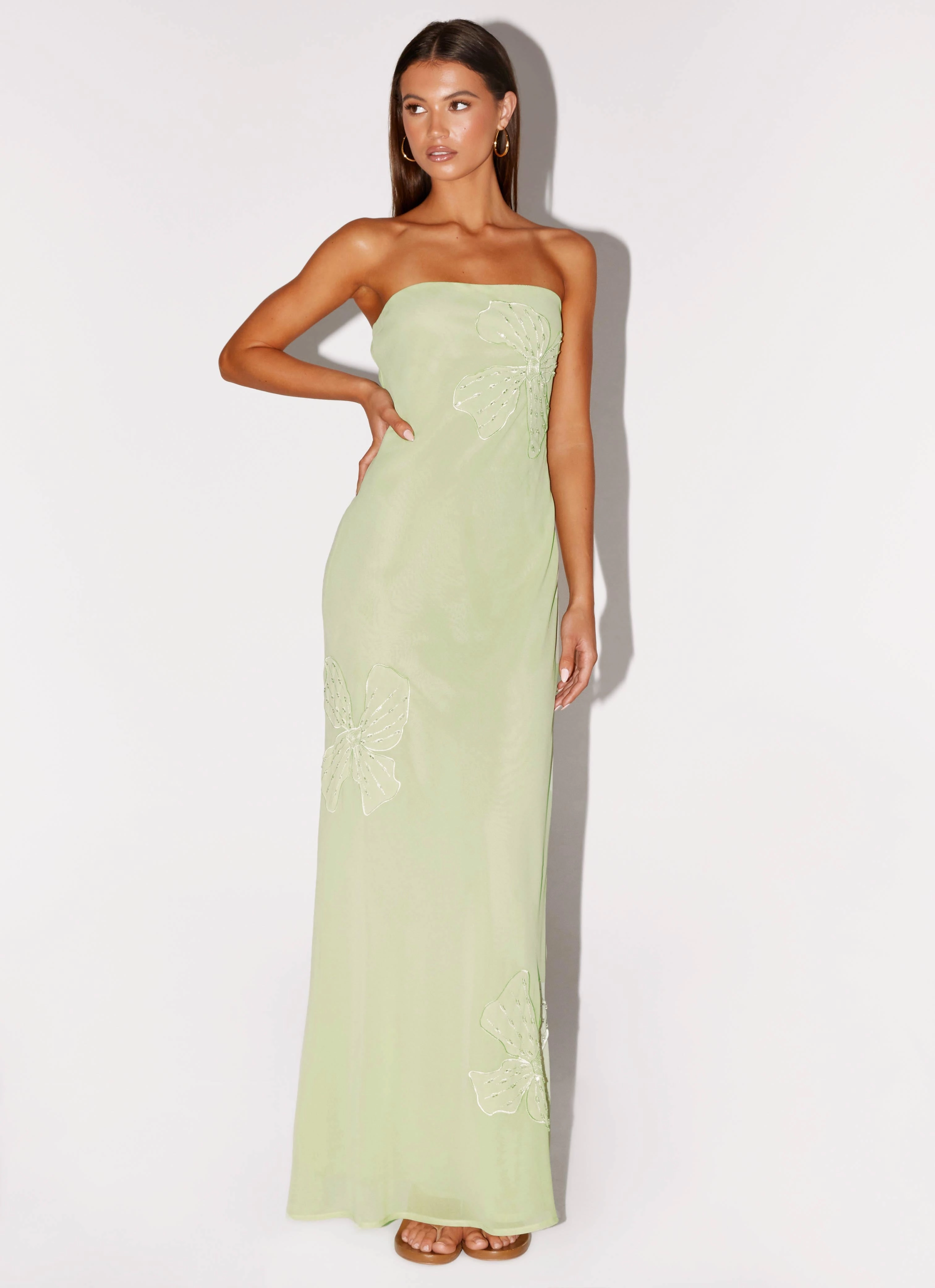 Fashion Wool Coat Sleek and Warm Sassafras Beaded Flower Strapless Maxi Dress - Lime