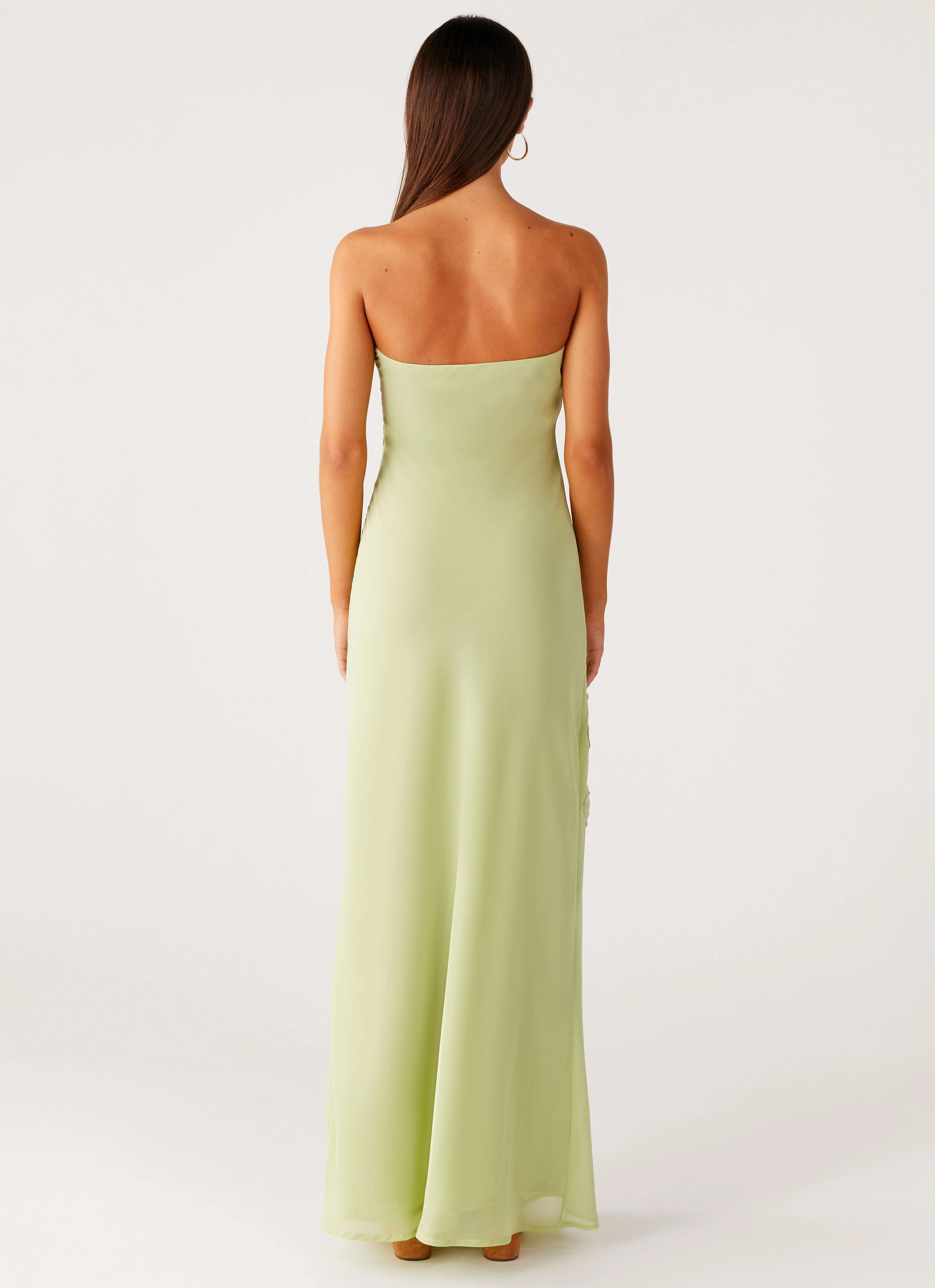 Knee Length Sassafras Beaded Flower Strapless Maxi Dress - Lime