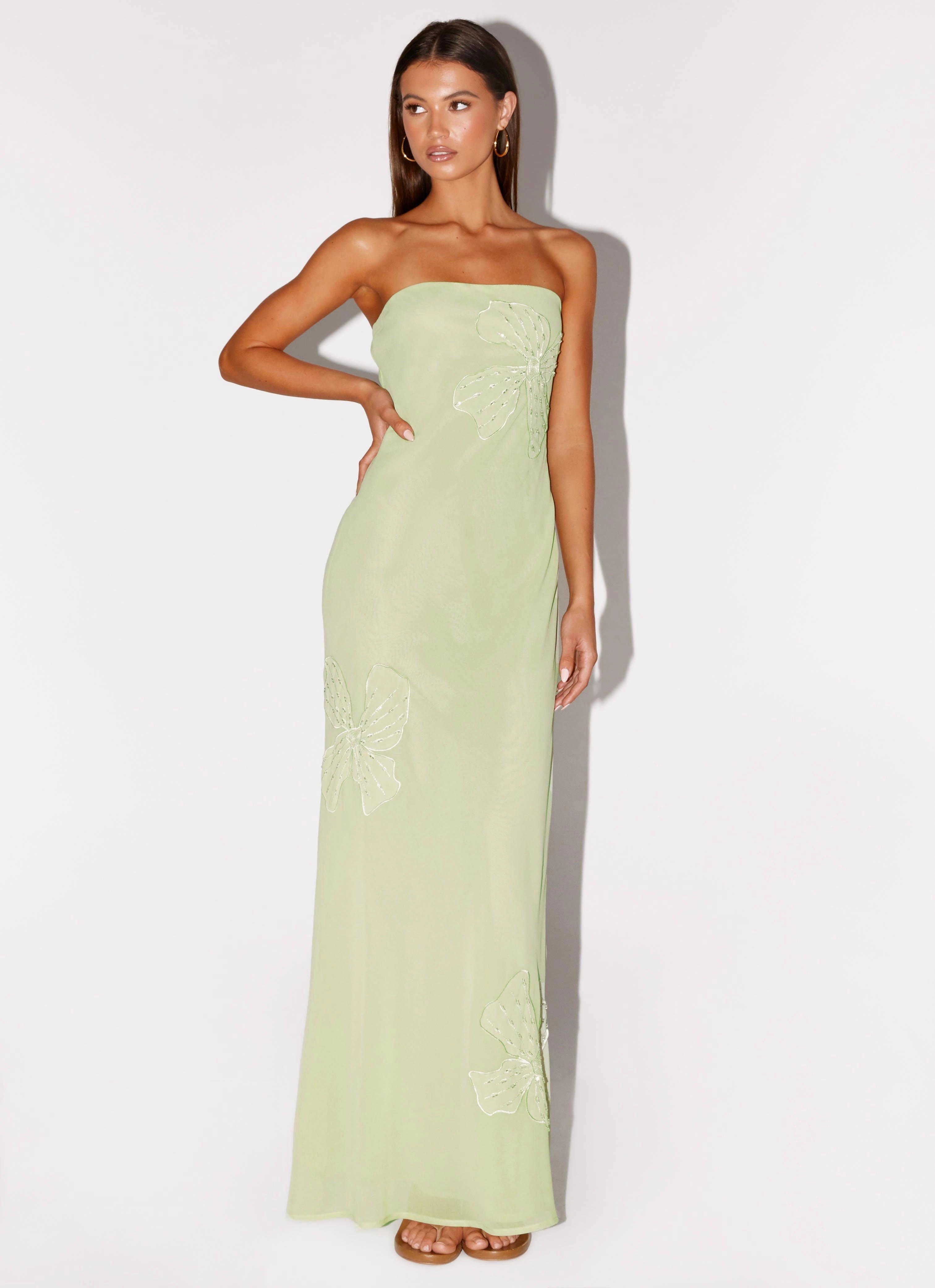 Sassafras Beaded Flower Strapless Maxi Dress - Lime Quilted Pattern Textured Finish