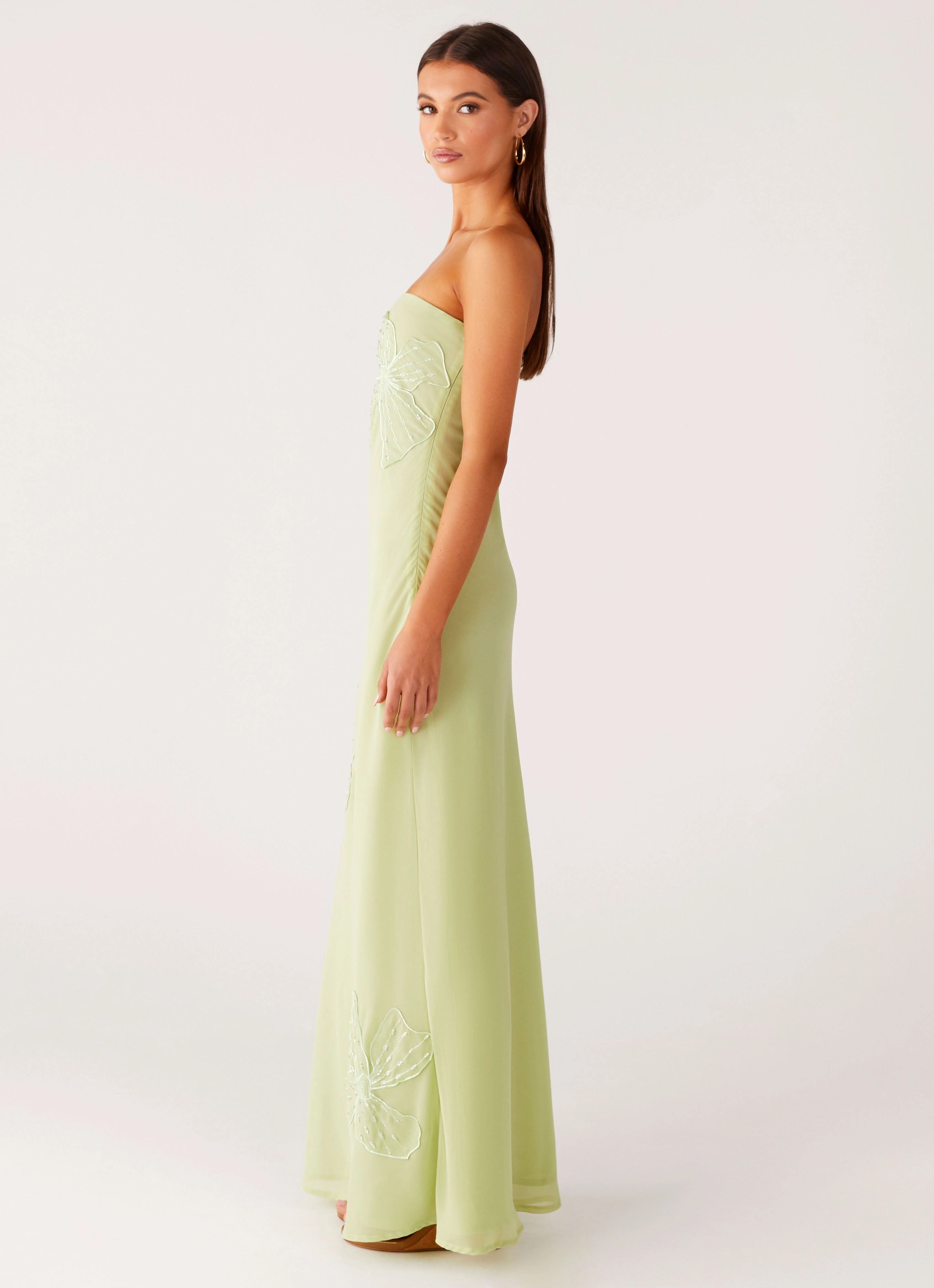 Sassafras Beaded Flower Strapless Maxi Dress - Lime Comfortable Layer Light Wool Jacket