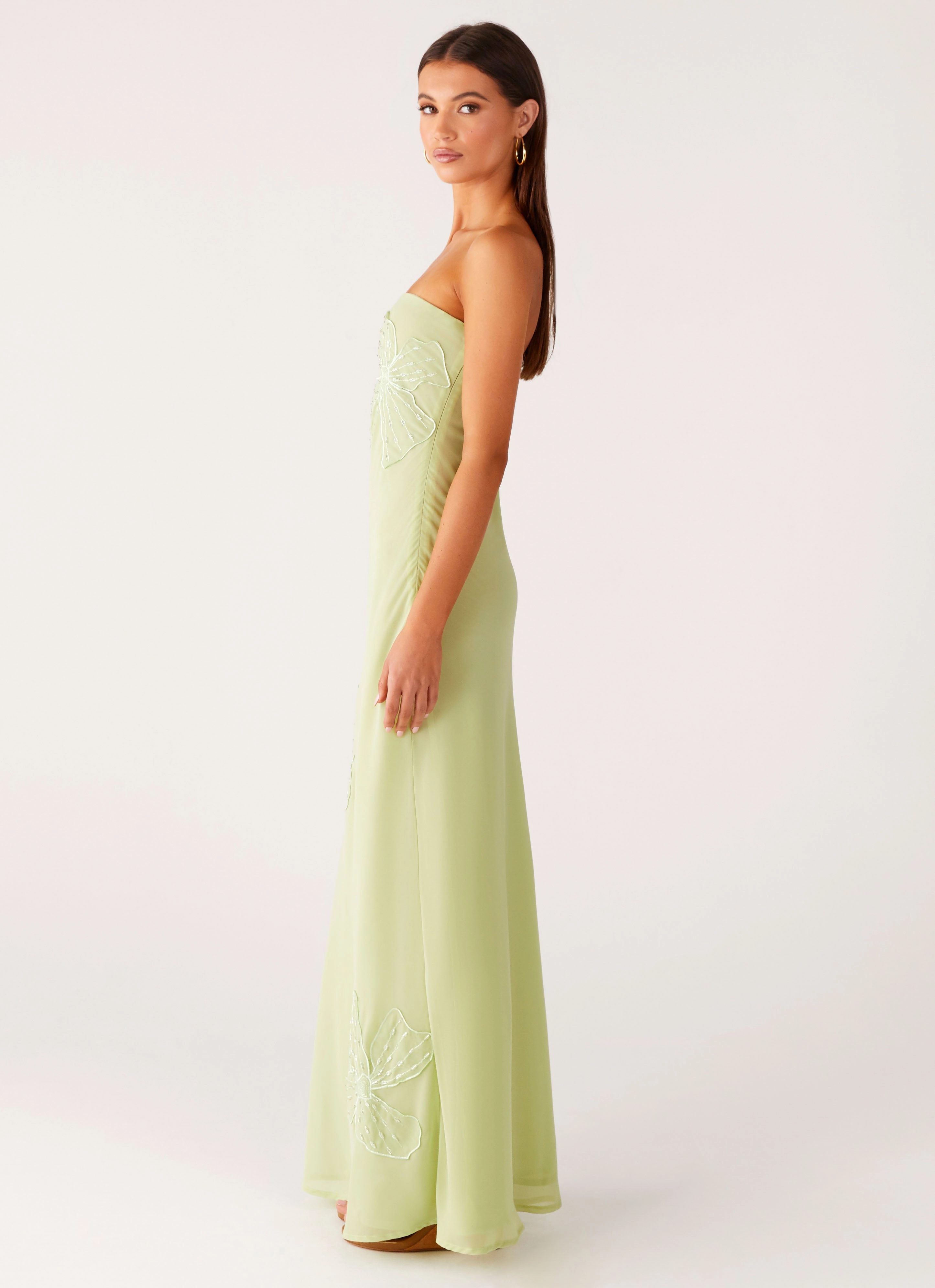 Sassafras Beaded Flower Strapless Maxi Dress - Lime Smart Coat Evening Out