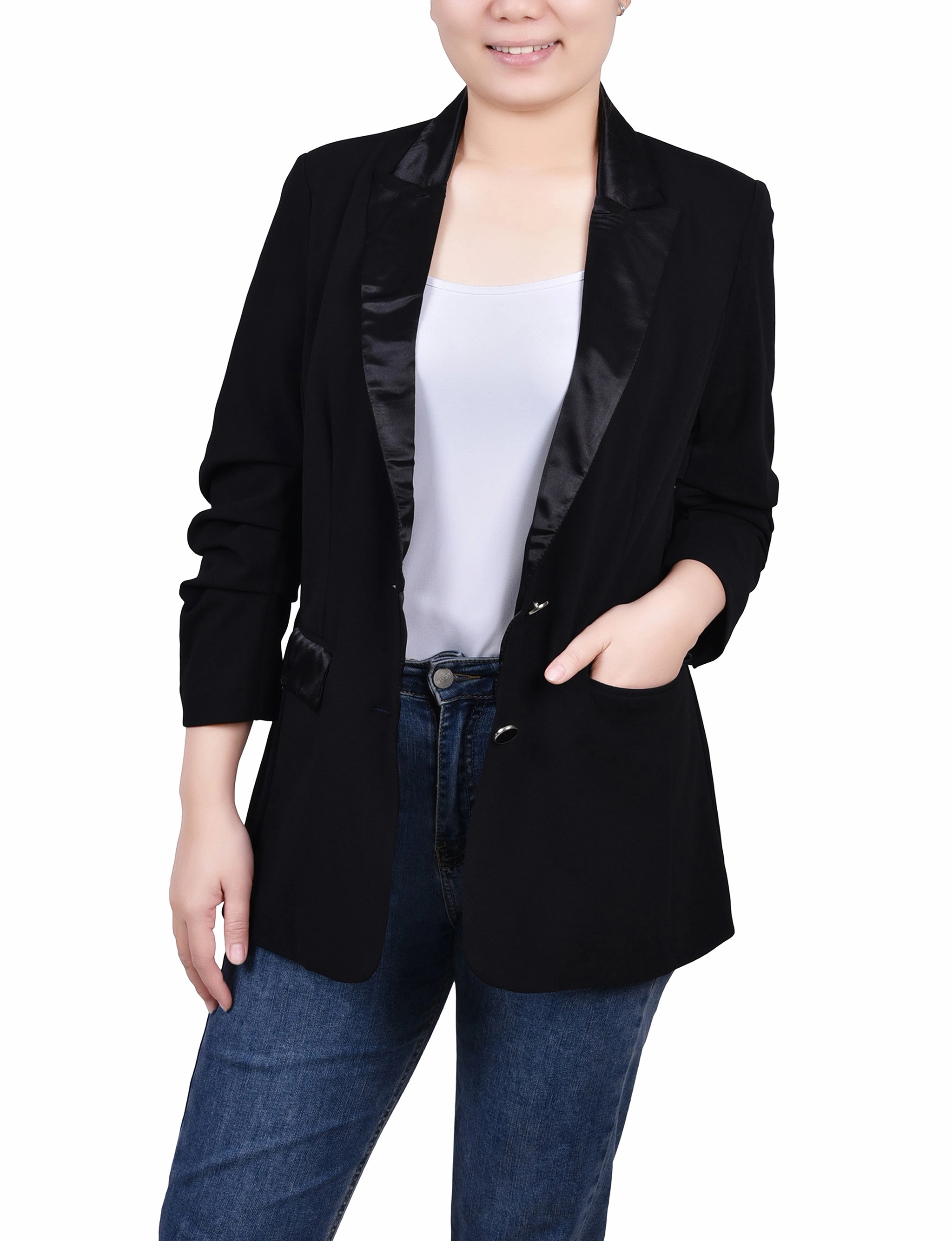 Satin Lapel Scuba Crepe Jacket Snag Resistant Surface High Collar Option