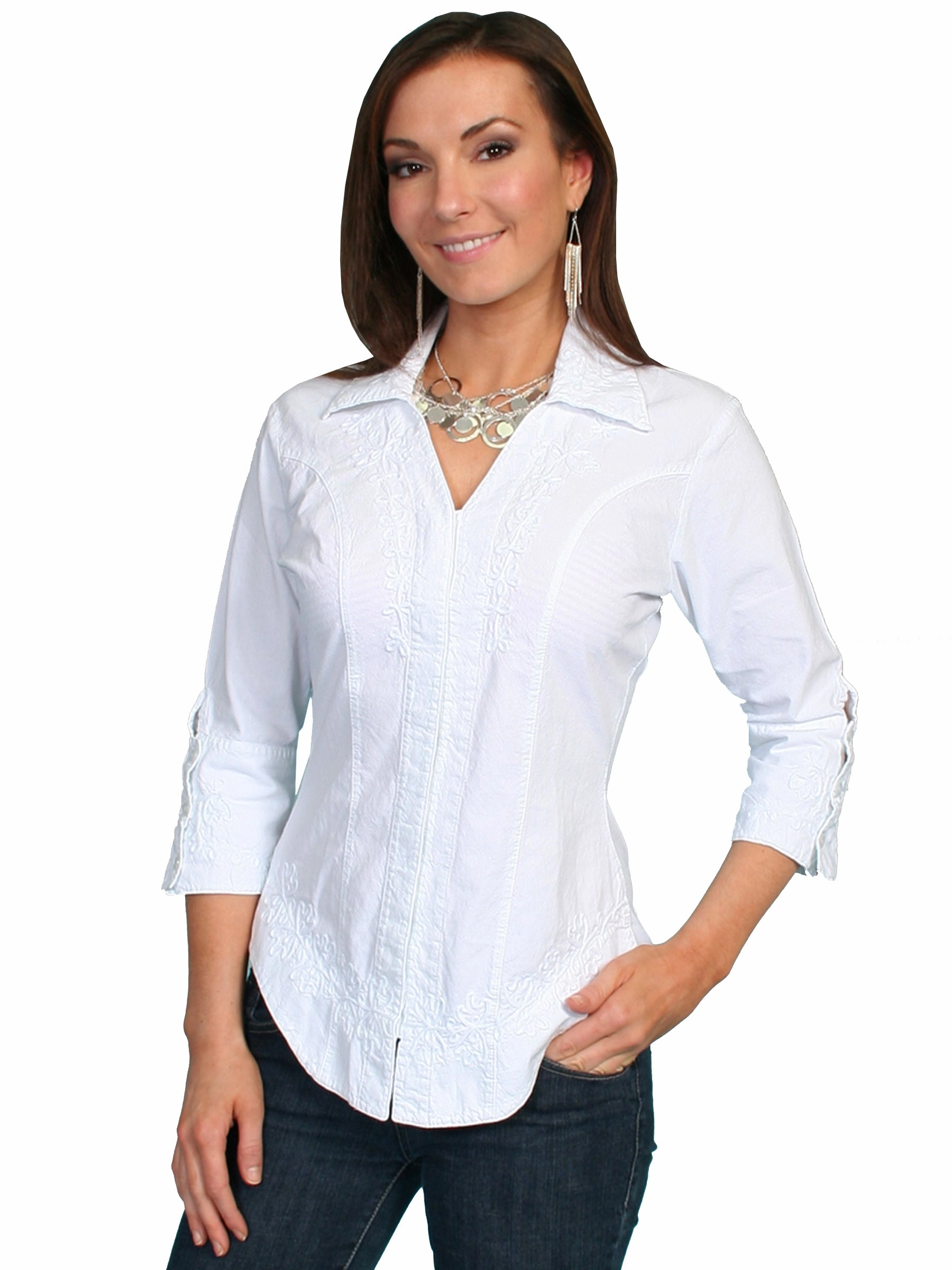 Smooth Zipper Design Plus Size Scully Cantina Collection Blouse White 100% Cotton Floral 3/4 Sleeve L