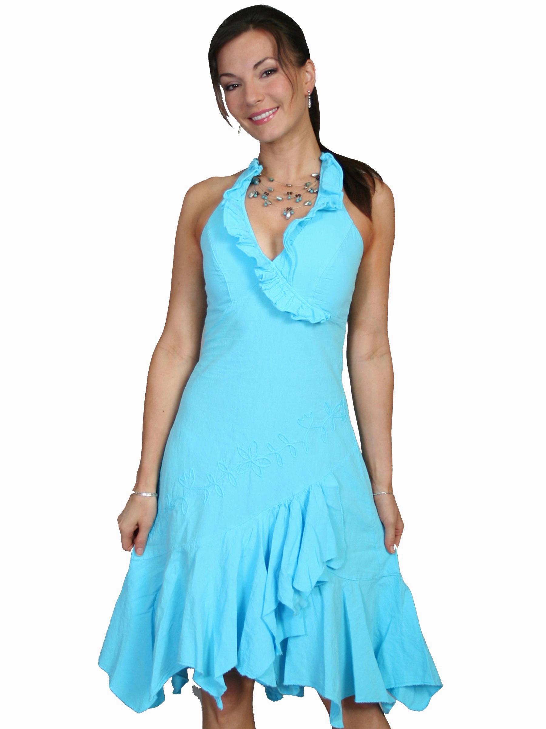 Cold Look Scully Cantina Collection Halter Dress Turquoise 100% Cotton Ruffled