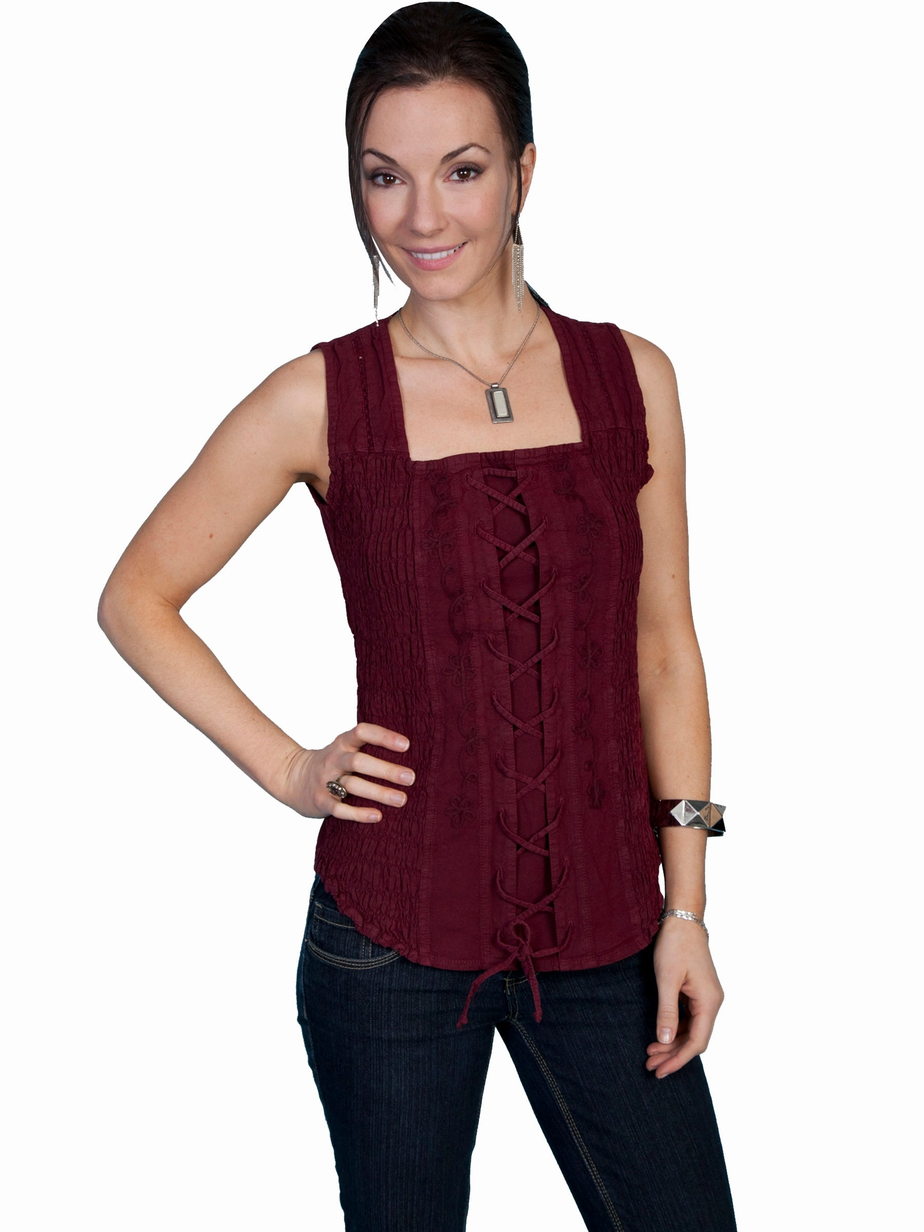Social Meetup Scully Cantina Collection Tank Top Burgundy 100% Cotton Lace-Up Front