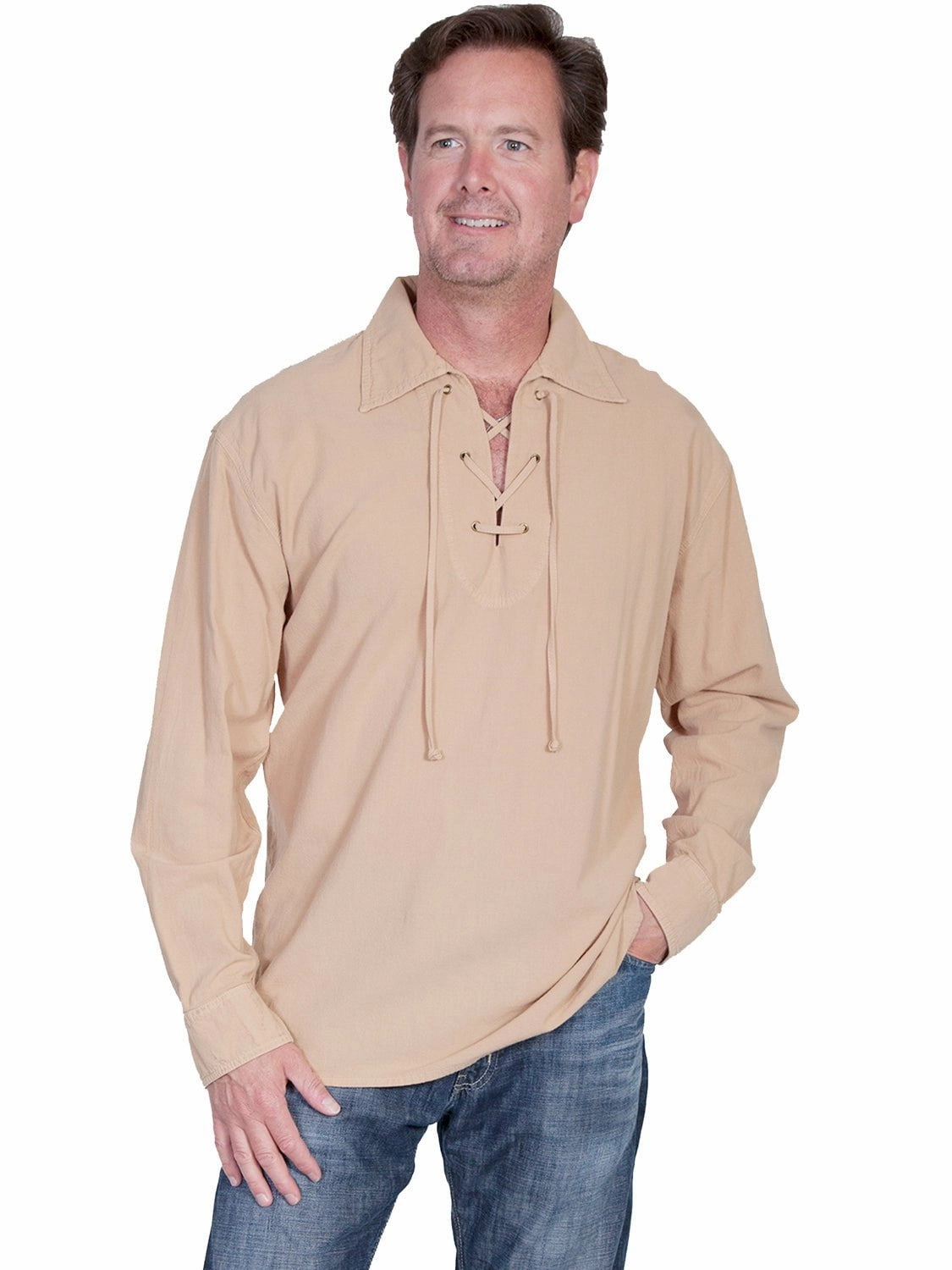 Lounge Wear Resort Wear Scully Cantina Mens Sand 100% Cotton Laceup Pullover Shirt