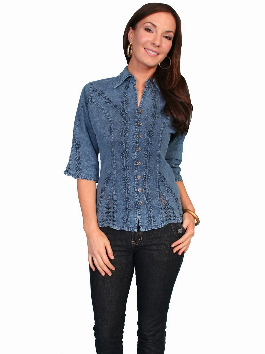 youth trend Scully Cantina Womens Dark Blue 100% Cotton 3/4S Floral Vine Blouse