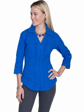 Relaxed Silhouette Scully Cantina Womens Dazzling Blue 100% Cotton 3/4S Peek A Boo Blouse