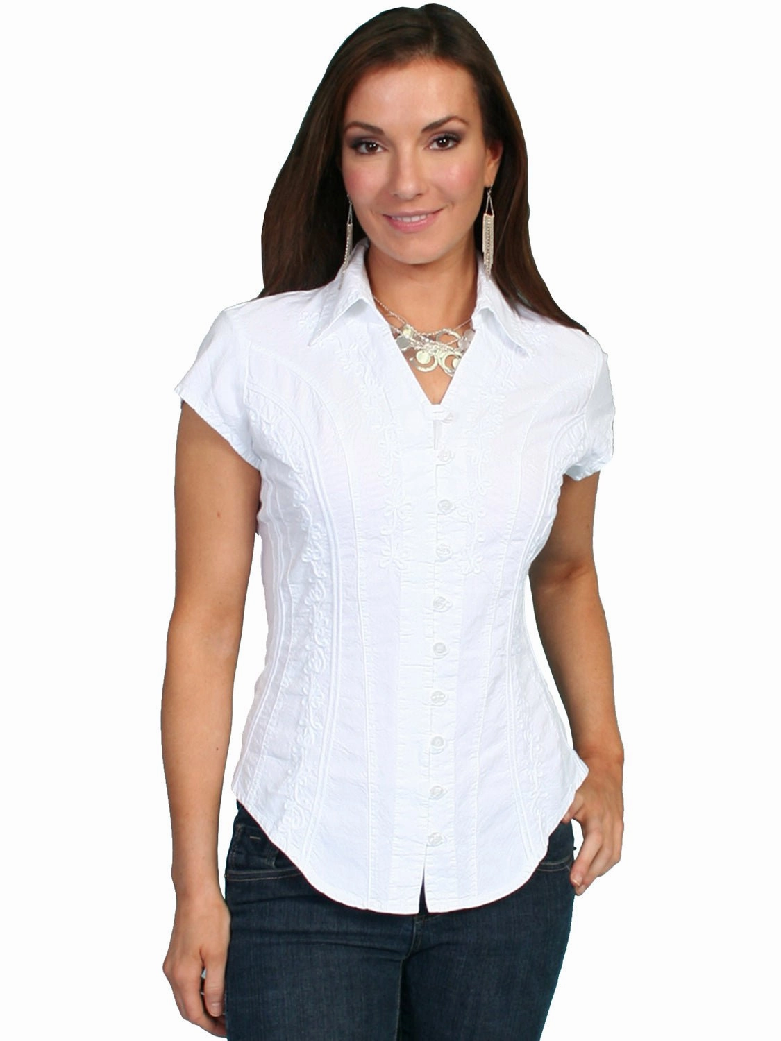 Polished Placket First Date Scully Cantina Womens White 100% Cotton Cap Sleeve Vine Blouse