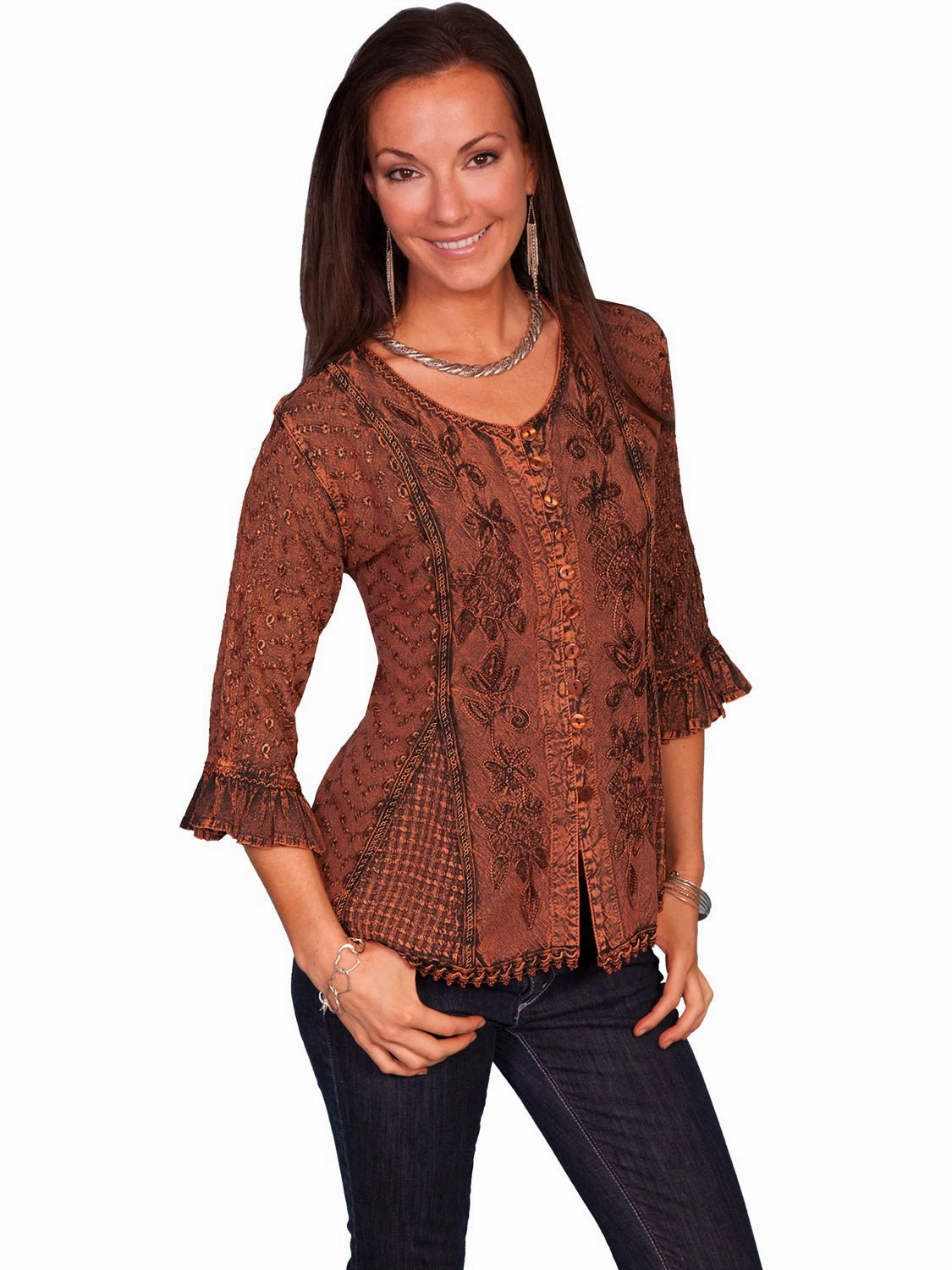 Lakeside Relaxation Scully Honey Creek Womens Blouse Copper 100% Rayon Embroidered 3/4 Sleeve