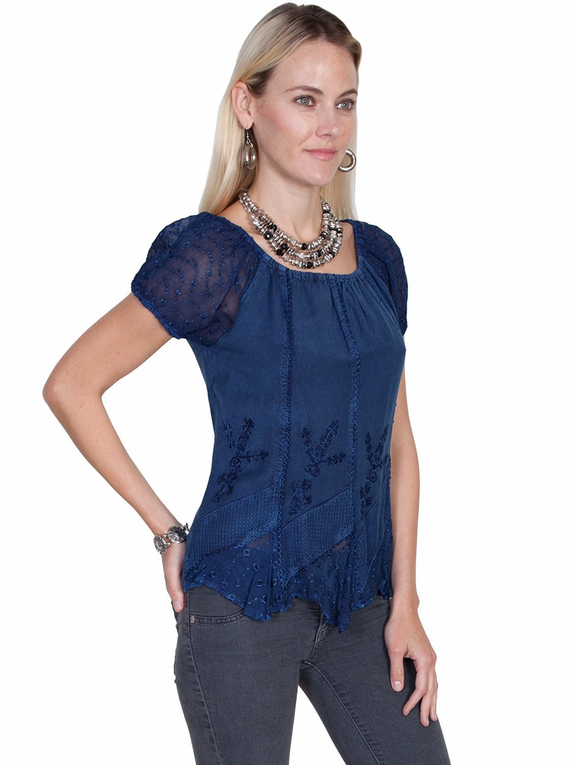 Scully Honey Creek Womens Blue 100% Rayon S/S Multi-Fabric Blouse Statement Maker